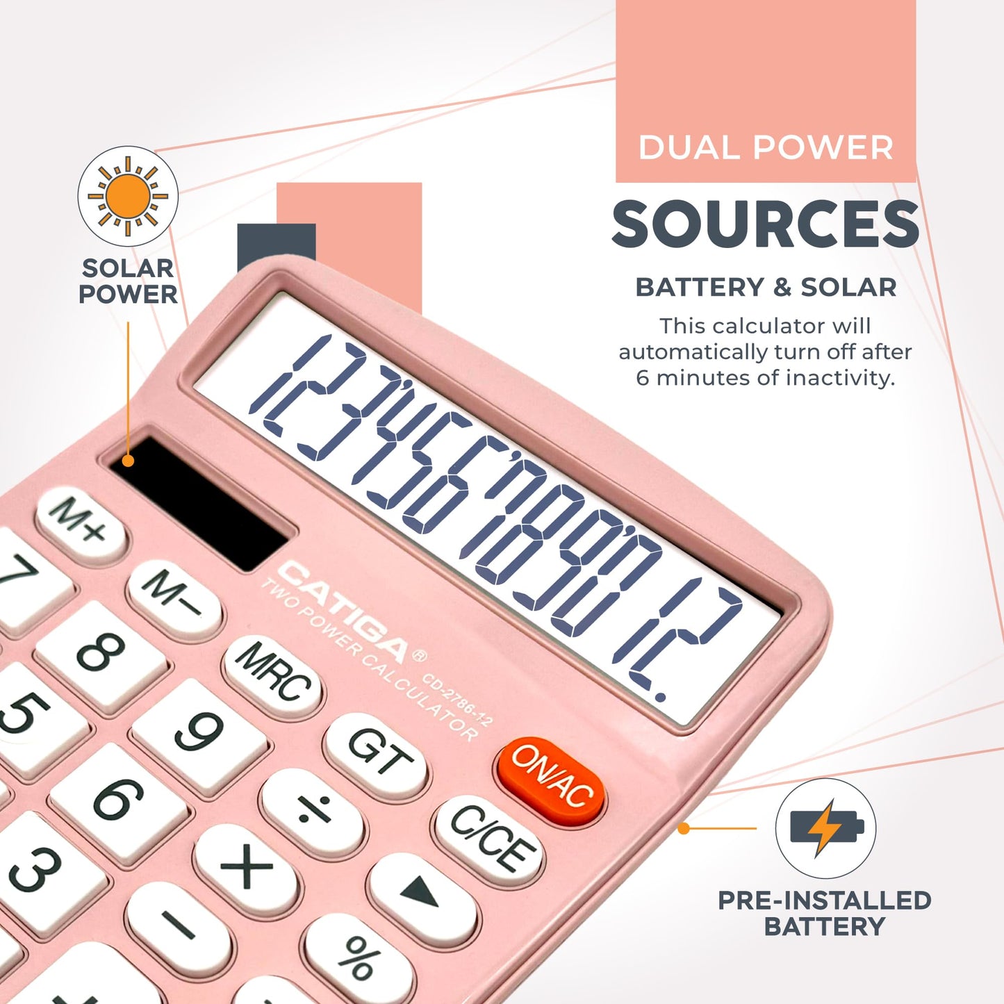 CATIGA 12 Digits Desktop Calculator with Large LCD Display and Sensitive Button, Dual Solar Power and Battery, Standard Function for Office, Home
