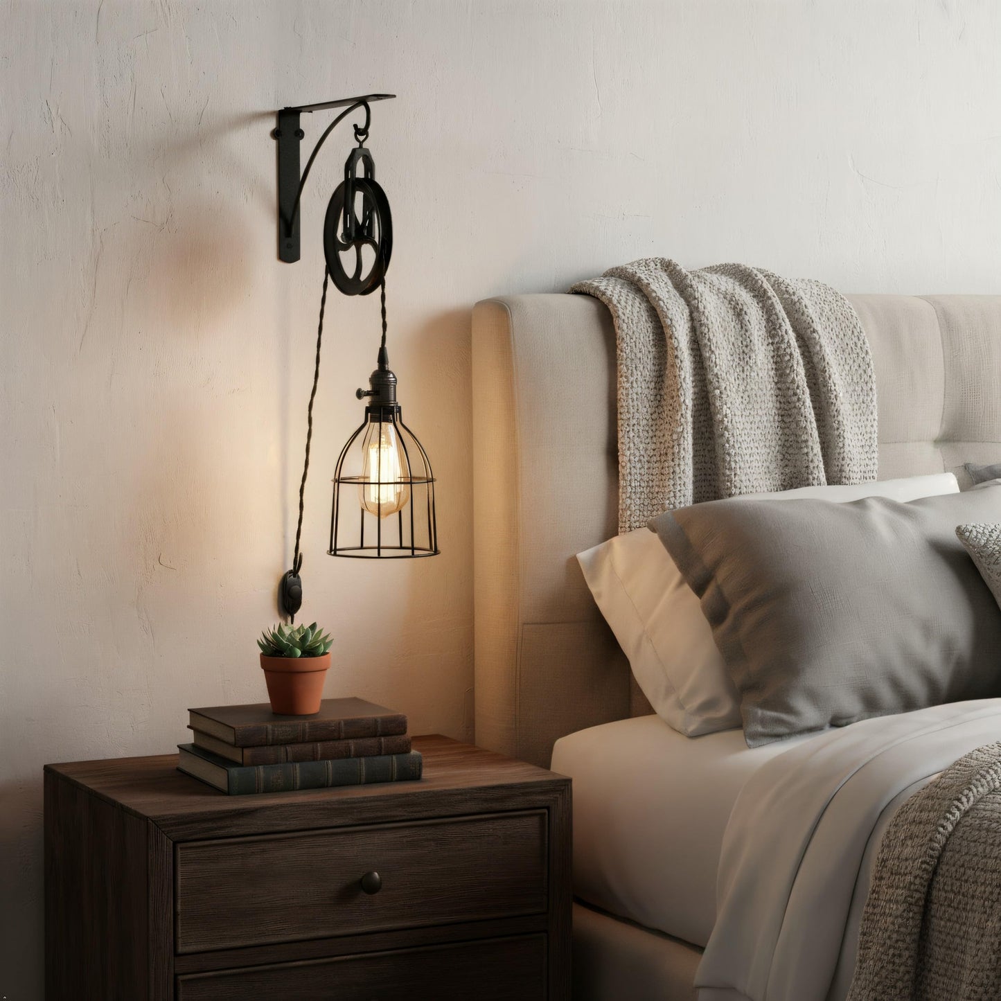 Rustic State Industrial Pulley Design Black Wall Sconce Pendant Lamp Kit with Wire Cage Shade, Iron Bracket, Pulley, 10" Fabric Plug in Cord, Socket
