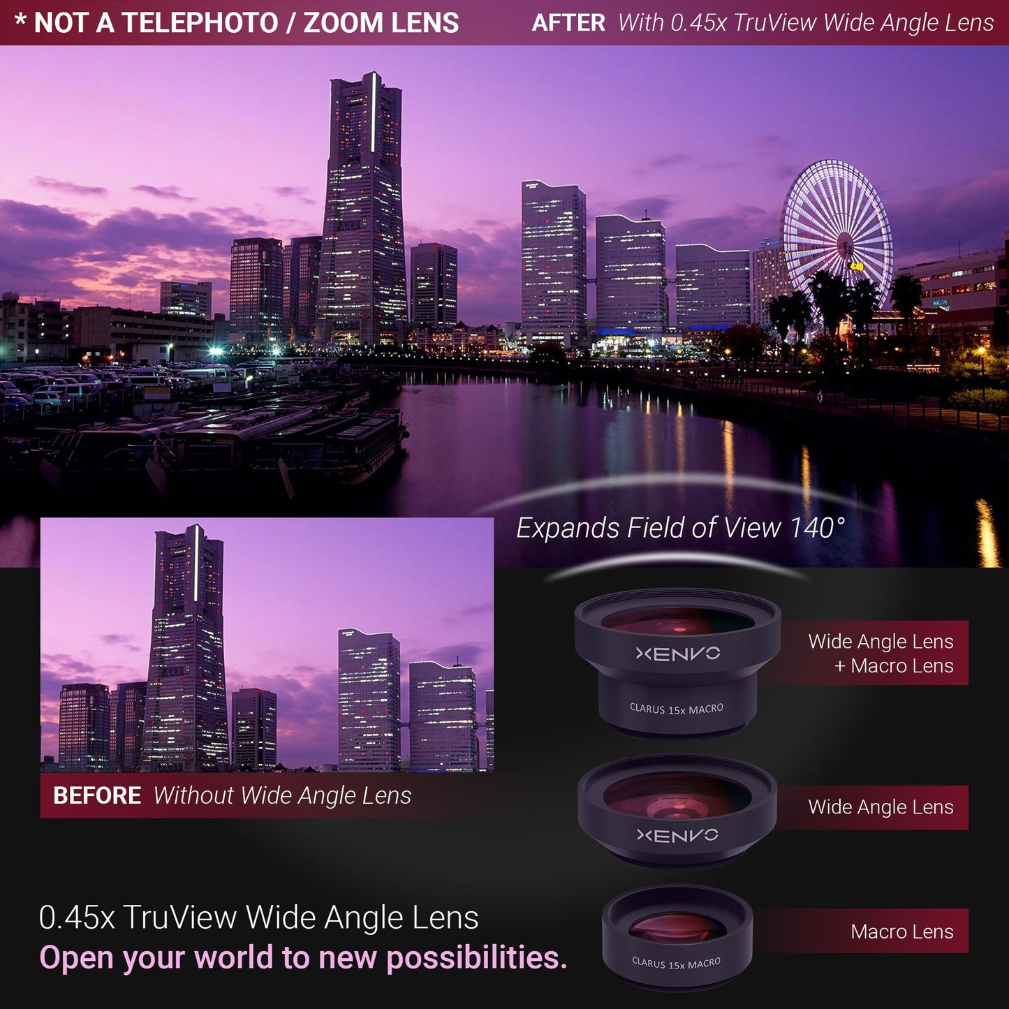 Xenvo Pro Lens Kit for iPhone and Android, Macro and Wide Angle Lens with LED Light and Travel Case Black