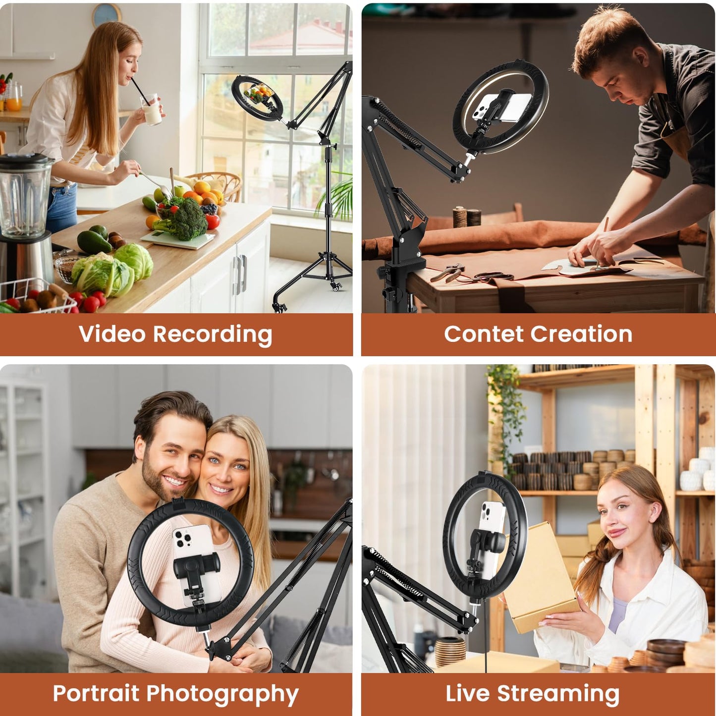 Ring Light Overhead Phone Mount with Casters, Dual-Purpose Floor/Desk Light Tripod for iPhone, Selfie Phone Tripod for Video Recording/Live