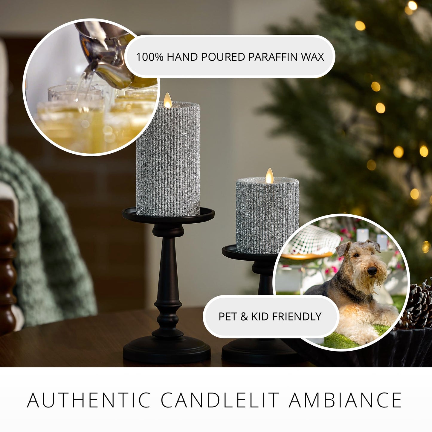 Luminara Brilliant Silver Glitter Ribbed Flameless LED Candle Moving Flame Pillar, Real Wax, Flat Top, Timer (3.25" x 6.5")