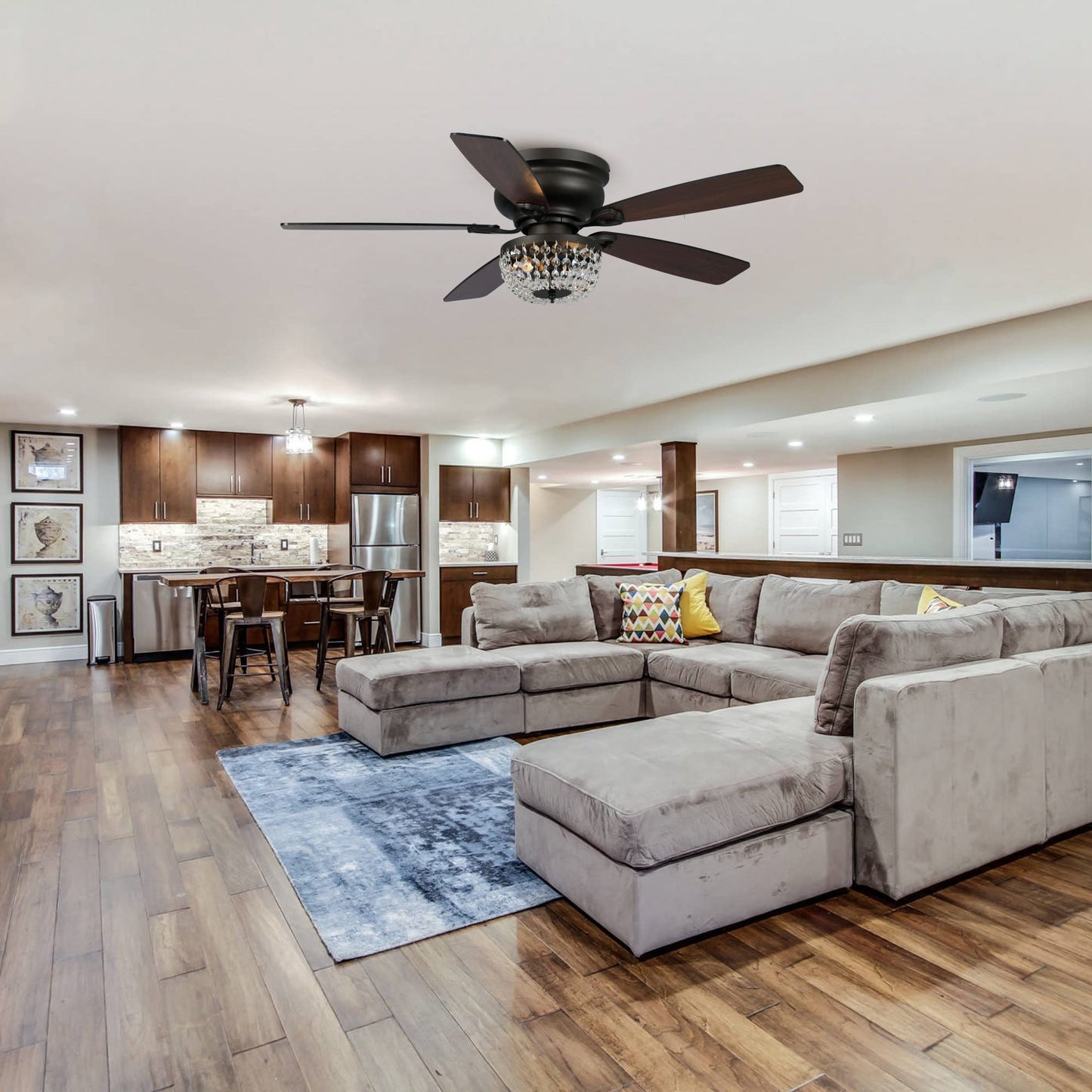 Vaczon 48 Inch Low Profile Ceiling Fan with Light: Farmhouse Caged Fandelier, Crystal Flush Mount Ceiling Fan with Remote, Indoor/Outdoor Use