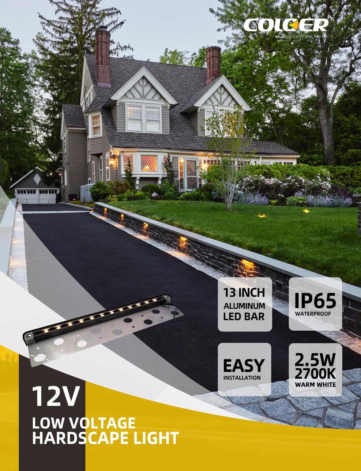 COLOER 13 Inch LED Hardscape Lighting, Retaining Wall Lights, 12V AC/DC Low Voltage Paver Light, 2.5W Outdoor Step Lights, IP65 Waterproof Stair