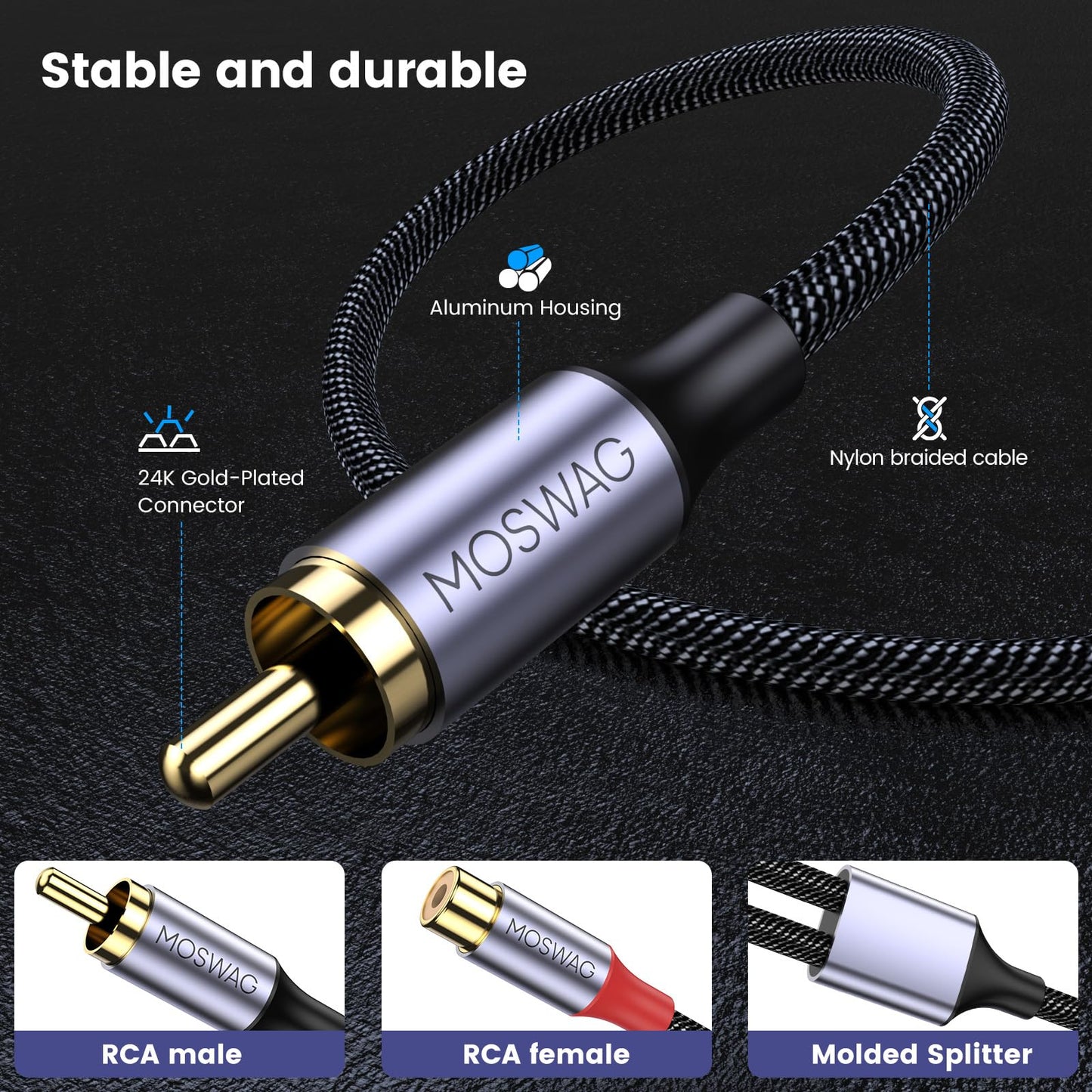 MOSWAG 1 Male to 2 Female RCA Splitter, RCA Y Splitter Cable Audio Video Splitter Adapter Extension Cord Compatible with subwoofers, Speakers, Home