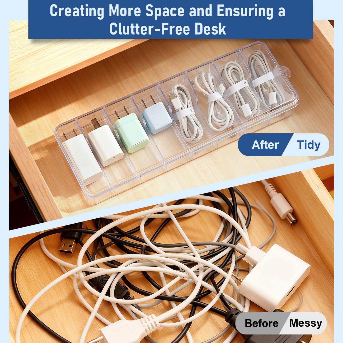 PIEMEET 4 Pack Cable Organizer Box, Plastic Cord Storage Box with Lid, Clear Cord Organizer with 8 Compartments and 40 Wire Ties, Charger Organizers