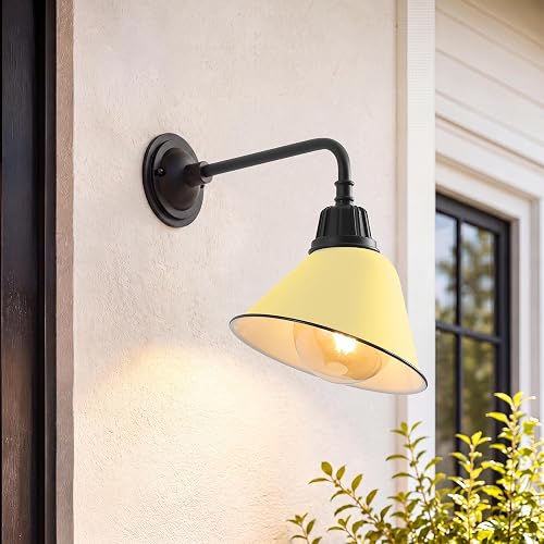 JONATHAN Y 9.63" Matte Yellow/Black 1-Light Farmhouse Outdoor Sconce, Industrial LED Wall Light, Gooseneck Arm Barn Lamp with Metal Bell Shade
