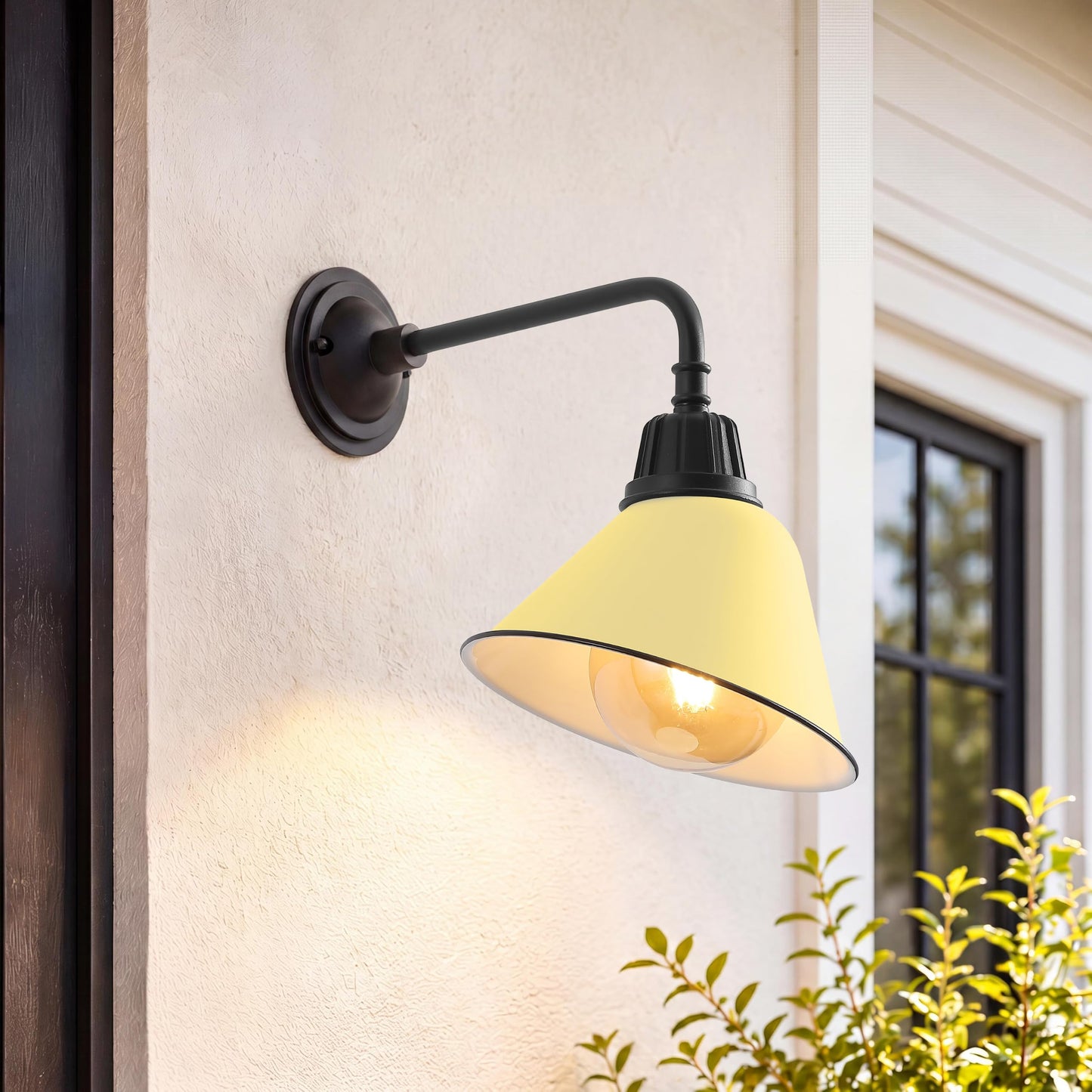JONATHAN Y 9.63" Matte Yellow/Black 1-Light Farmhouse Outdoor Sconce, Industrial LED Wall Light, Gooseneck Arm Barn Lamp with Metal Bell Shade