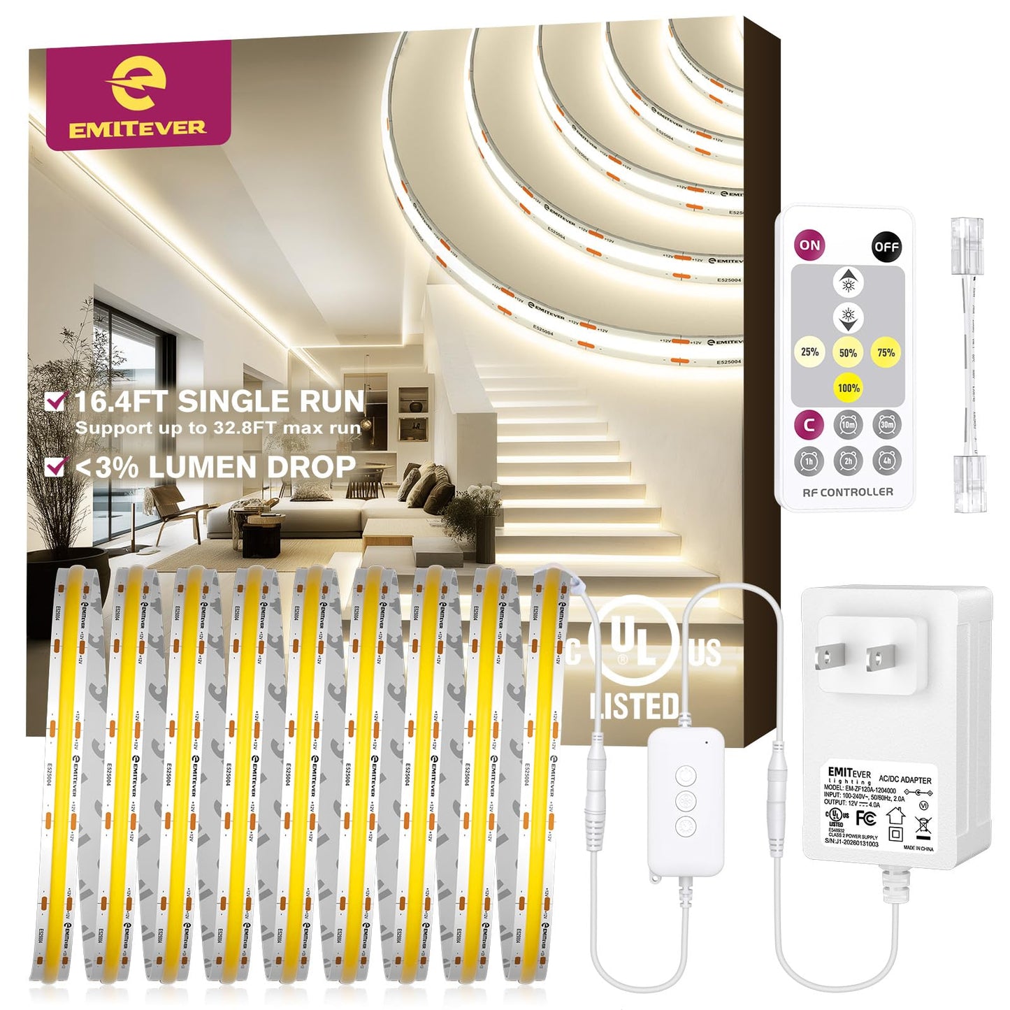 EMITEVER COB LED Light Strip 16.4FT Kit,4000K Natural White,12V Long Run No Voltage Drop for Uniform Brightness,Dimmable,Flexible Tape Light