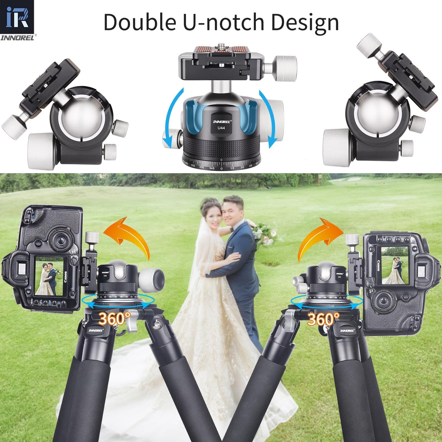 INNOREL 44mm Low Profile Camera Tripod Ball Head, CNC Metal Heavy Duty 360 Panoramic Tripod Head Compatible with Two Arca 1/4" Quick Release Plates