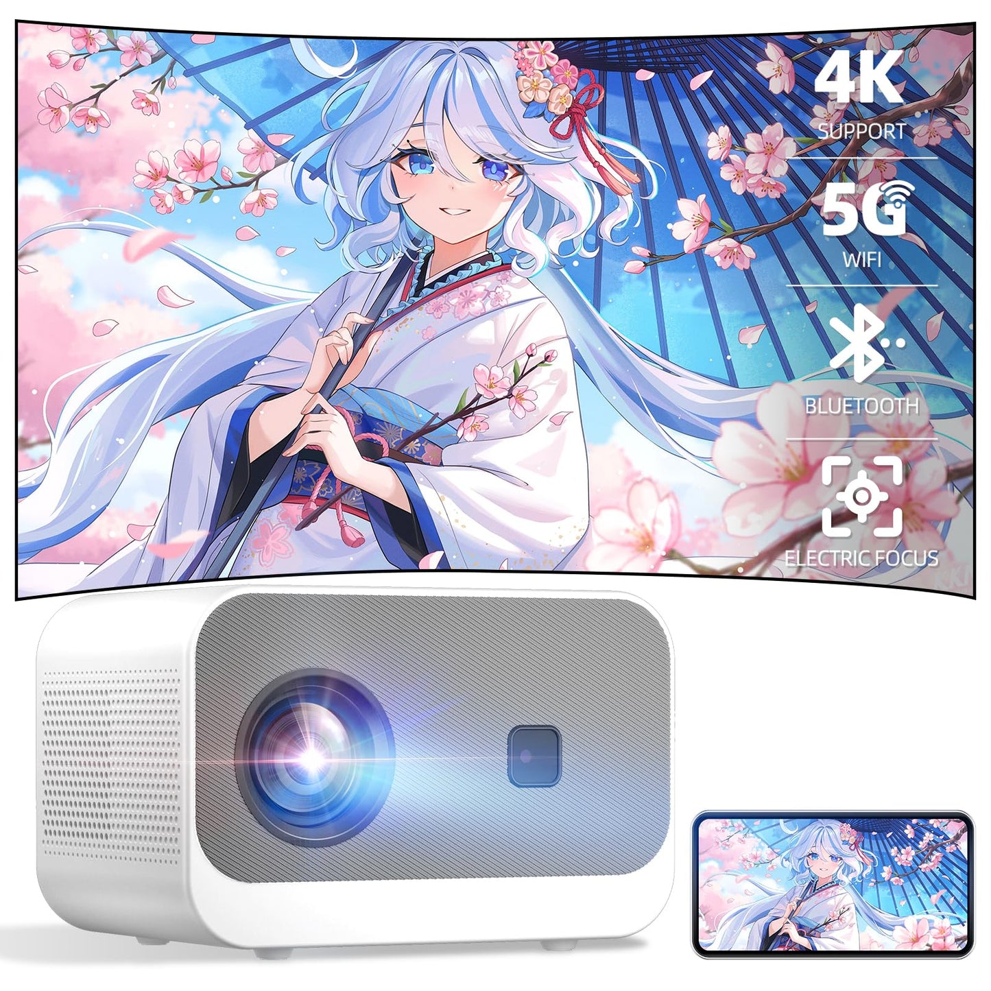 Mini Projector, 20000lm 4K Projector with WiFi Bluetooth Native 1080P, FHD 1080P HiFi Portable Outdoor Movie Projector Max 300”|ZOOM 50%|, TV