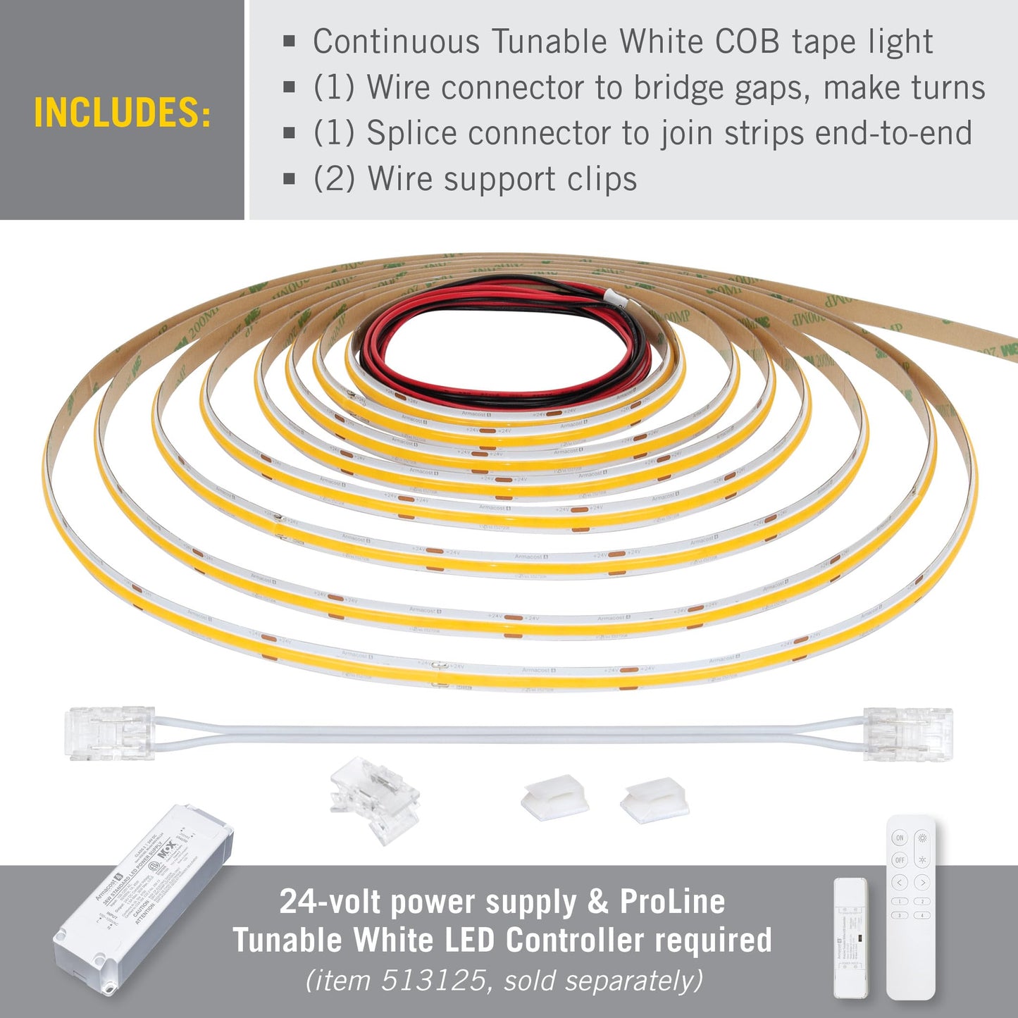 Armacost Lighting RibbonFlex Pro 24V Tunable White COB LED Strip Light Tape, 240 Lumens/Ft, 5M 174620