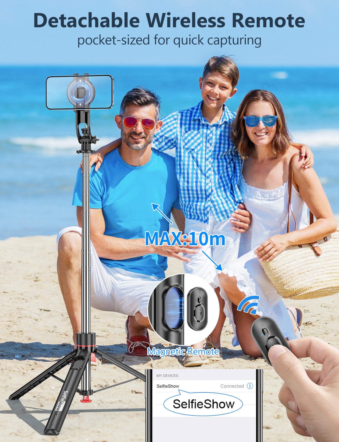 70'' Magnetic Automatic Selfie Stick Travel Tripod for Cell Phone, Auto Opening Phone Tripod Stand with Magnetic Remote, 360° Rotatable Extendable