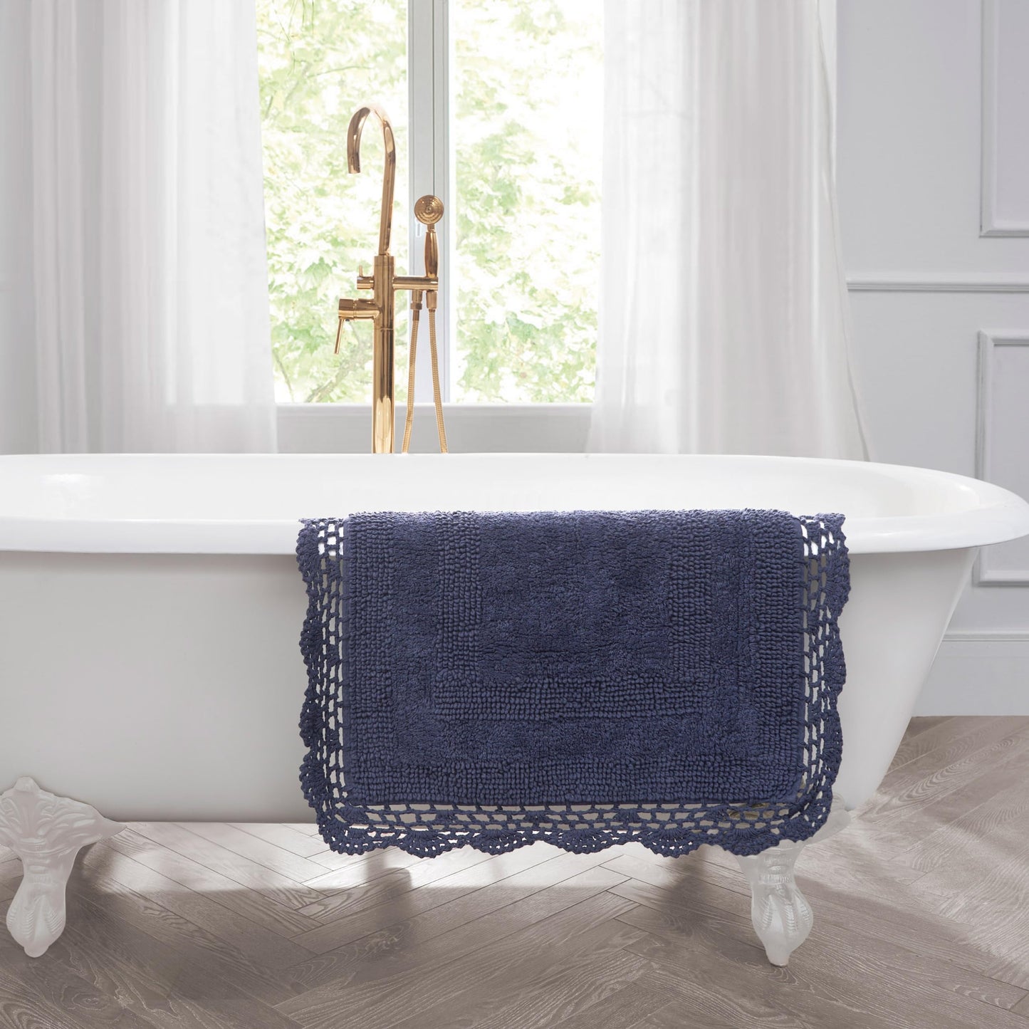 Laura Ashley Absorbent Bath Mat Reversible Crochet Soft and Plush Bathroom Mat 100% Cotton 17x24 Bath Rug, Indigo Blue