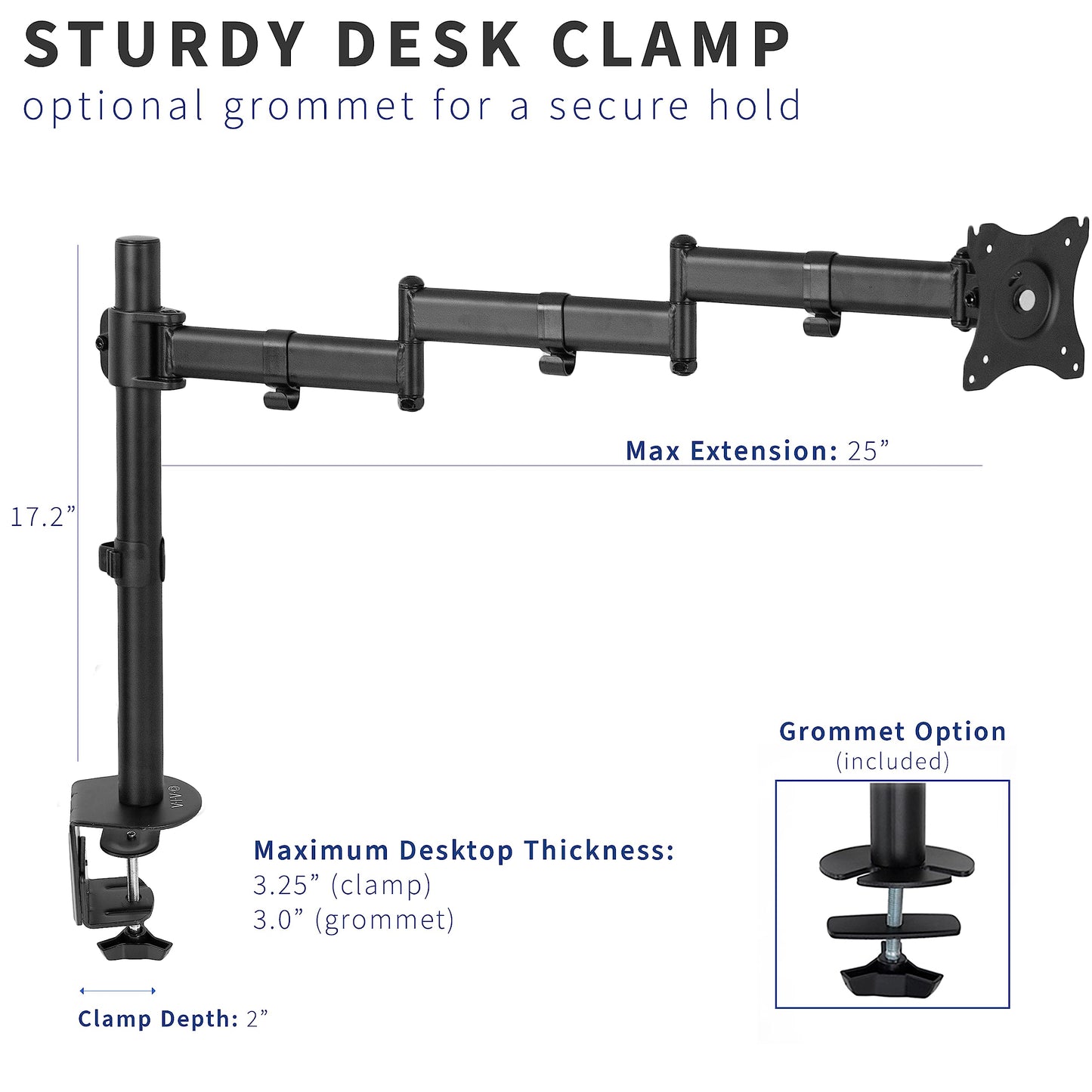 VIVO Single 13 to 32 inch Computer Monitor Desk Mount, Extra Long Adjustable Arm, VESA Stand for 1 Screen, Max VESA 100x100, Black, STAND-V101N