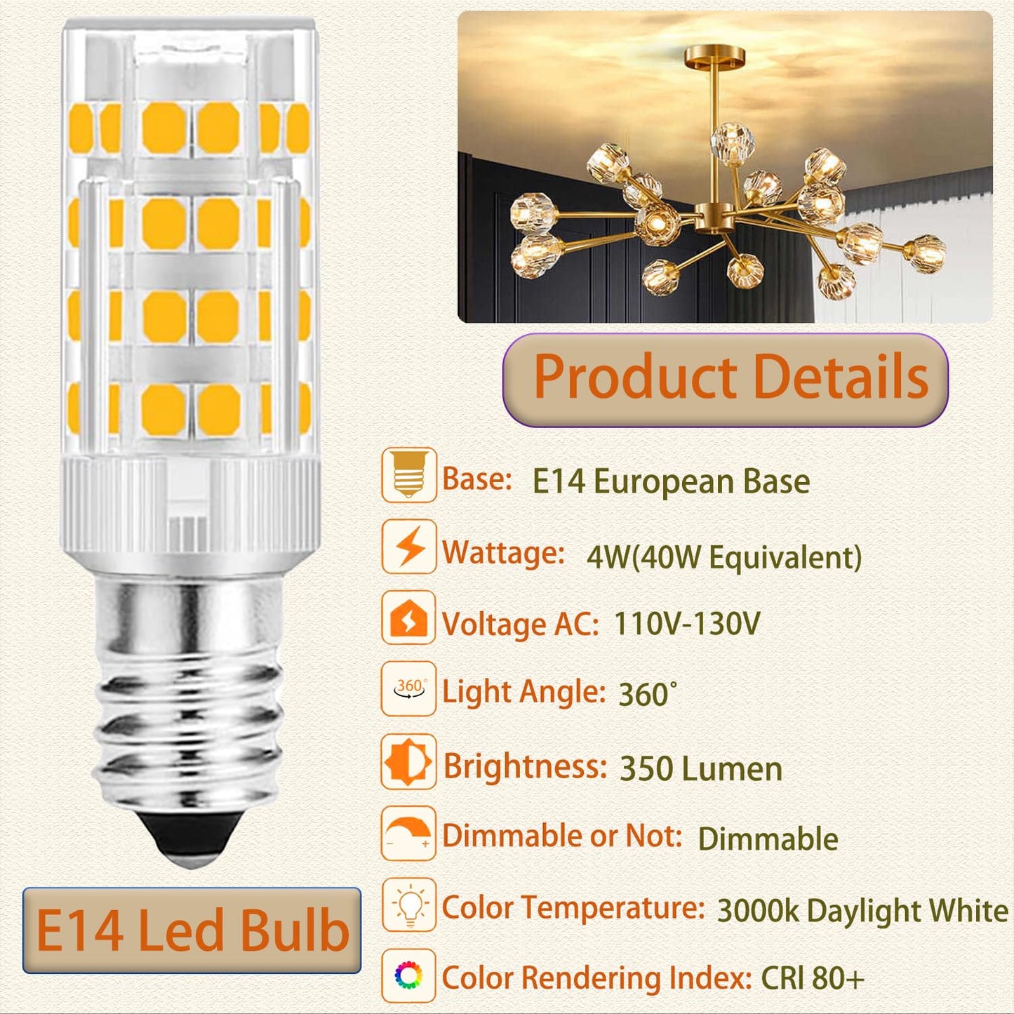 E14 LED Bulbs Dimmable?4W 350LM 3000K WarmWhite?for Turkish Lamp Bulb 2Pack