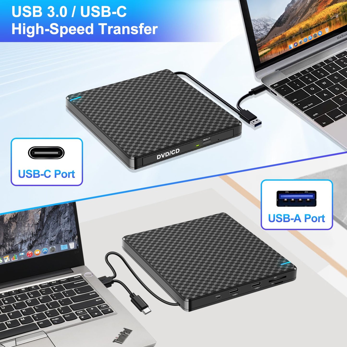 Guamar External CD DVD Drive: USB-C CD Burner Portable DVD Player Disc Reader for Laptop PC MacBook Mac Windows 11/10 with SD/TF Slot/2 USB Ports Plug