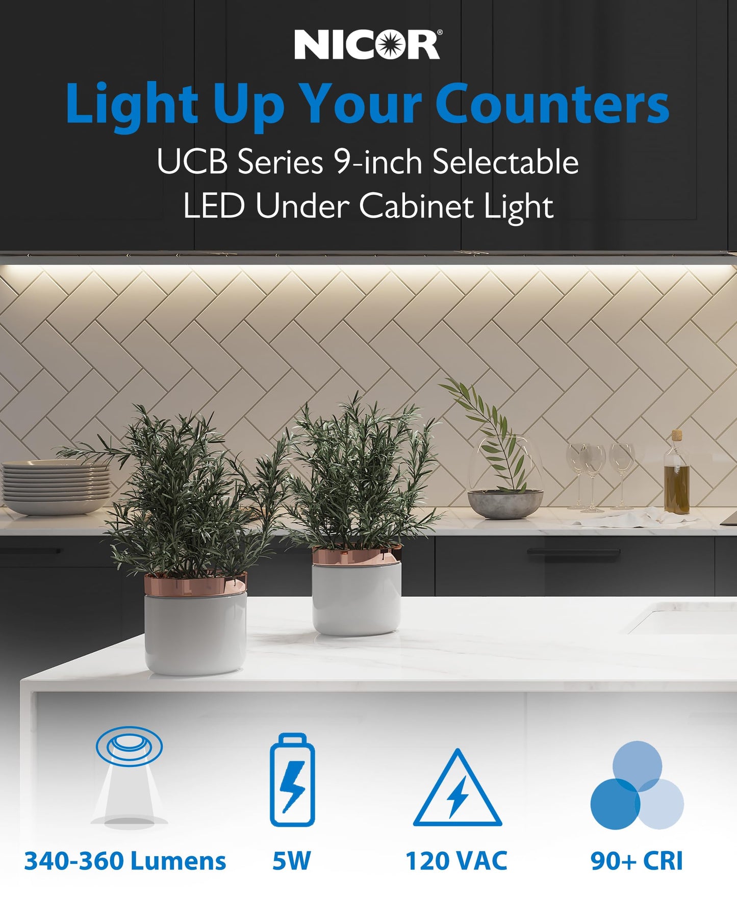 9” LED Direct Wire Under Cabinet Light - Dimmable Undercounter LED Lights for Kitchen - Selectable CCT 2700K-5000K, 340-360 Lumens, 5W - UCB Series