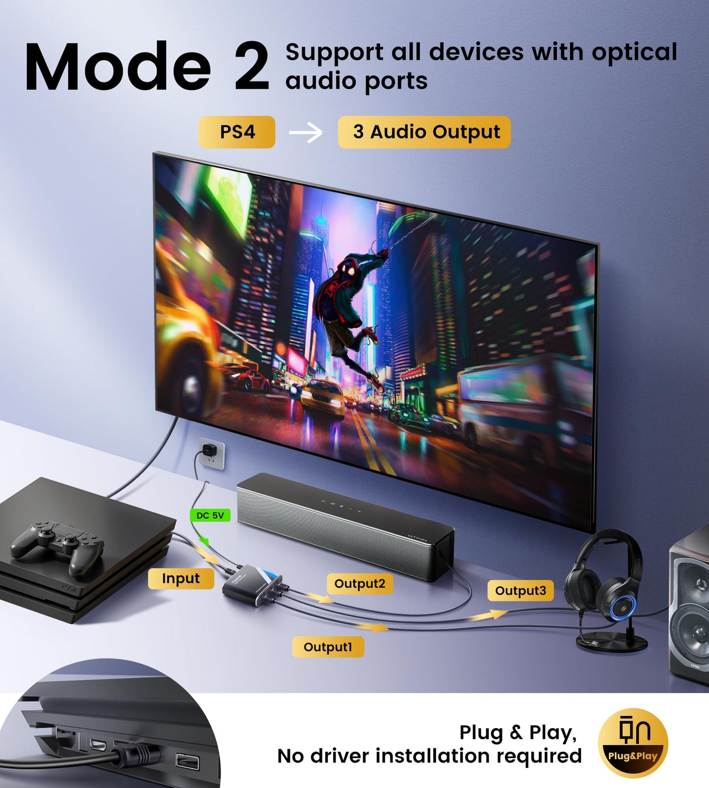 NEWCARE Optical Audio Splitter 1 in 3 Out,SPDIF Toslink Digital Optical Audio Cable Splitter 1x3 Support LPCM2.0 Doldy Digital & DTS 5.1