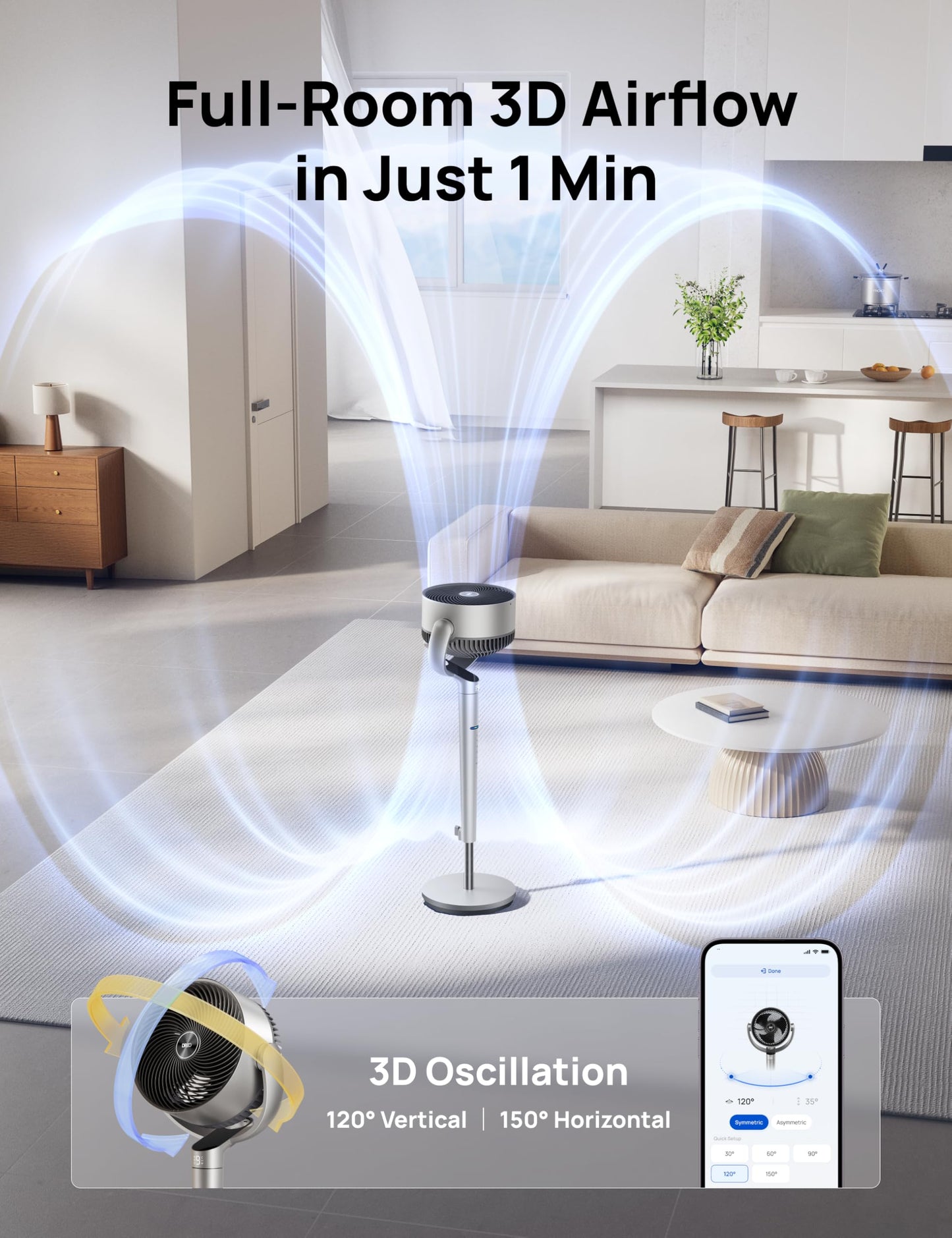 DREO Smart Fan for Bedroom, Position-based Oscillation, 150°+120° 3D Oscillating Fan, 110ft Pedestal Fans with Wi-Fi/Voice/Remote, Standing Fans Work