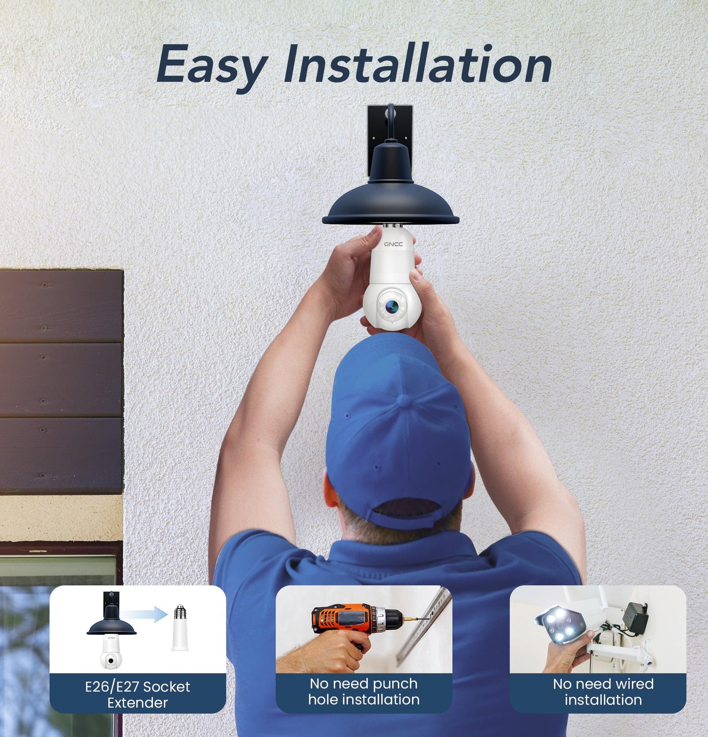 GNCC 2K Light Bulb Security Camera, 2.4GHz Only, 355° Wireless Outdoor Camera, Full-Color Night Vision, Motion Detection, Easy Install, Local & Cloud