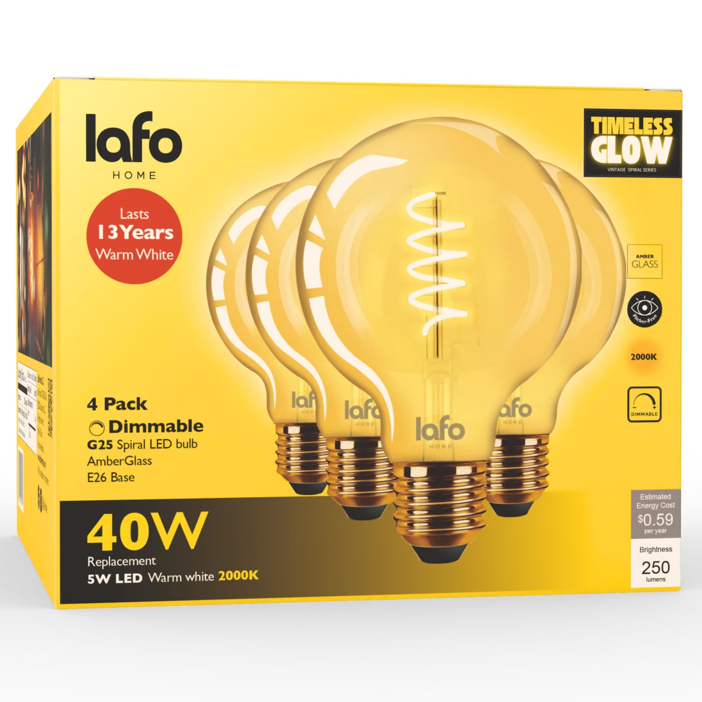 LafoHome TimelessGlow 4 Pack G25 LED Filament Bulbs, 2000K Warm Amber, Dimmable, E26 Base, 5W 40W Equivalent, Vintage Amber Glass Globe Bulbs