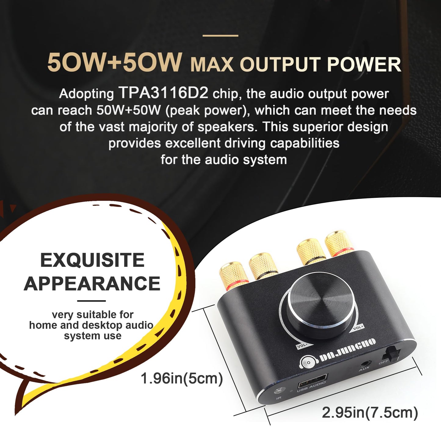 X50H Bluetooth Amplifier 50W+50W Power Output with Remote Control, 2.0 Stereo Bluetooth Amplifier, Using TPA3116D2 HiFi Chip, (Includes a 19V4.74A DC