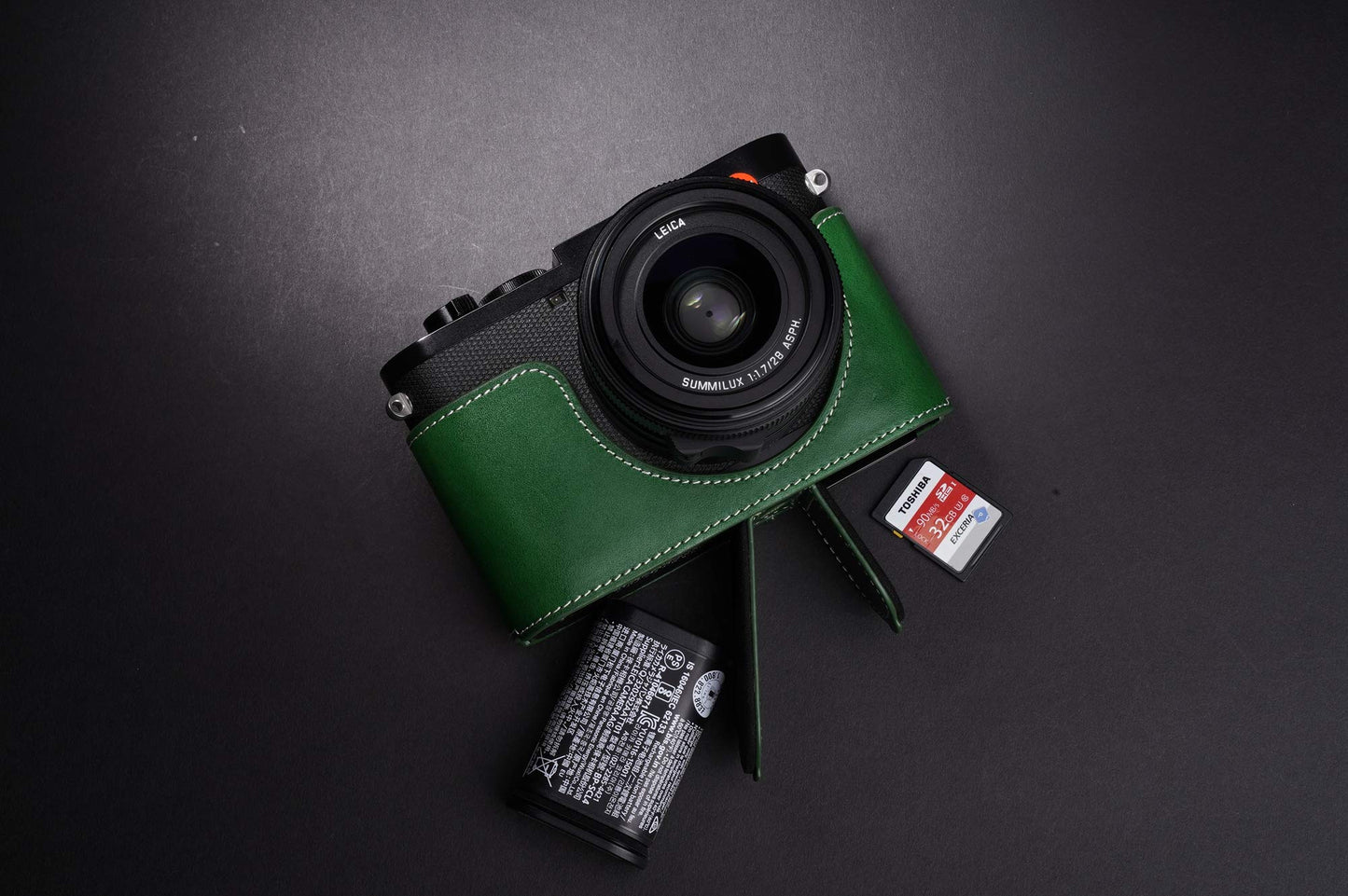 Leica Q2 Camera Case, BolinUS Handmade Genuine Real Leather Half Camera Case Bag Cover for Leica Q2 Camera Bottom Opening Version + Hand Strap (Green)