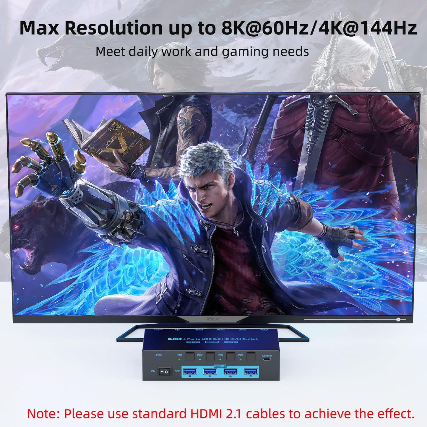 8K HDMI 2.1 KVM Switch 4 Computers 4 Port USB 3.0 8K@60Hz/4K@144Hz 4 In 1 Out Keyboard Mouse KVM Switches EDID Emulator for 4 PCs Share 1 Monitor