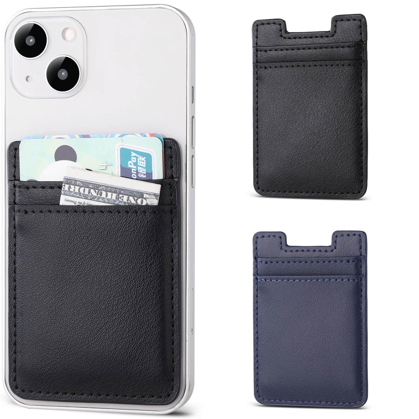 Phone Wallet Stick on,2Pack Card Holder for Back of Phone Case, Leather Credit Card Holder for Cell Phone Sticky Wallet RFID Double Pocket Sticker