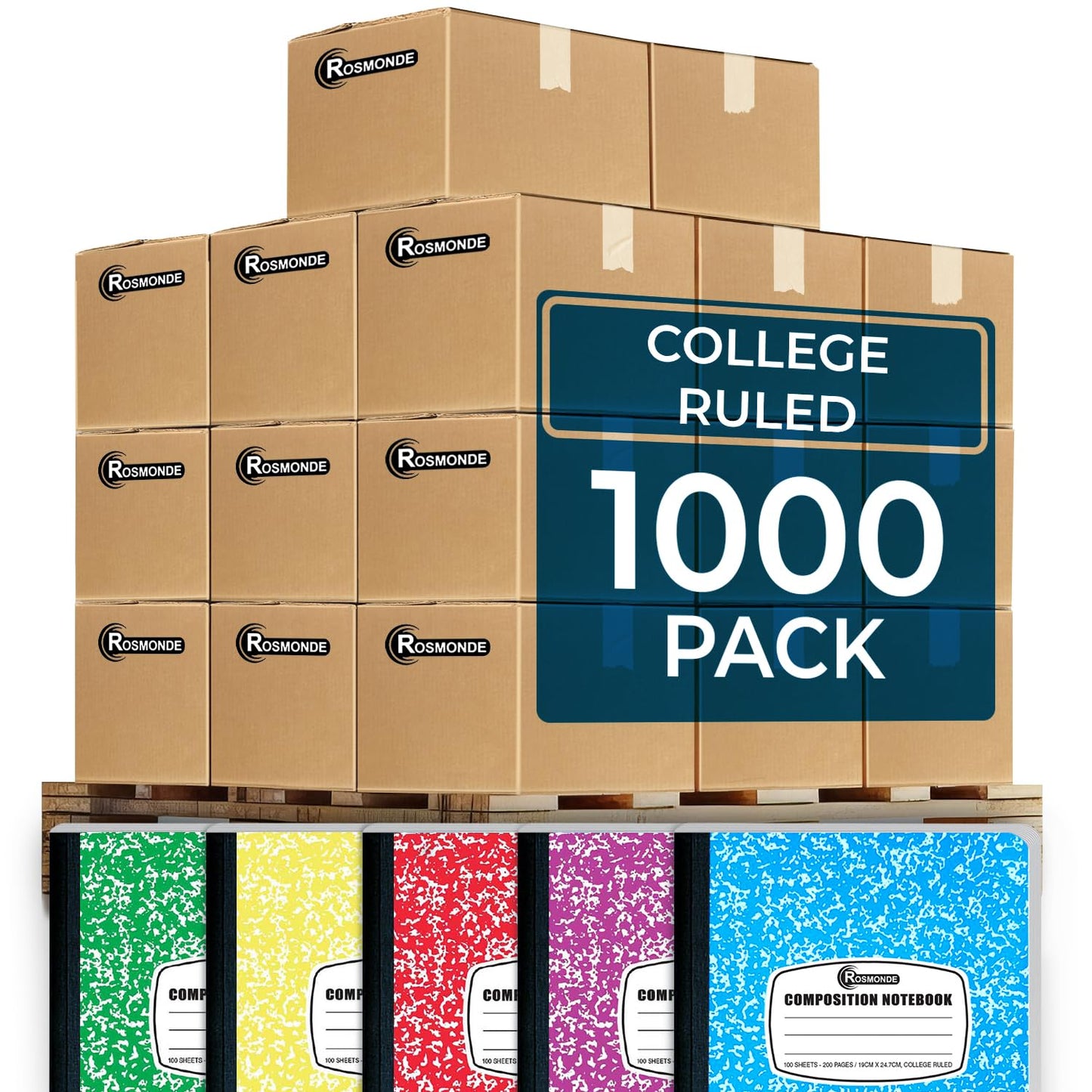 Rosmonde 1000 Pack Composition Notebooks Bulk, College Ruled, Color Marble