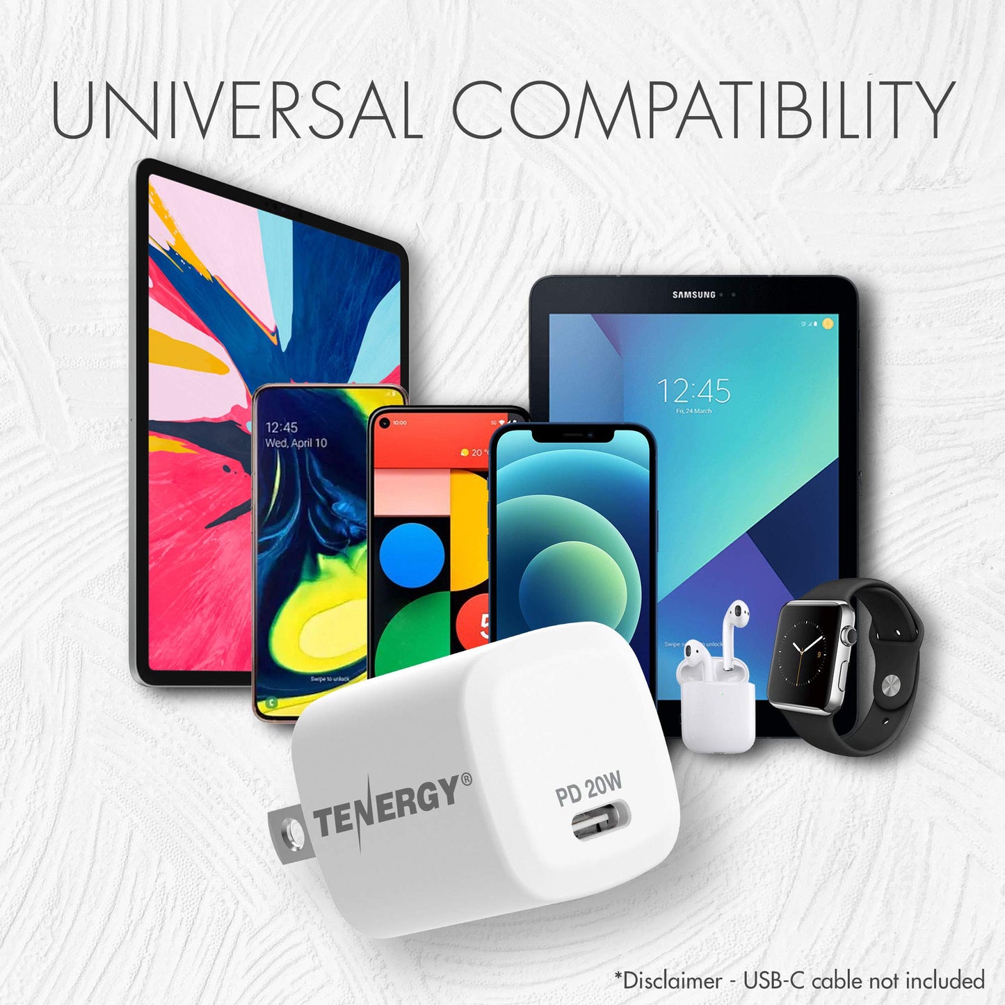 Tenergy USB-C Charger with PD 20W, Fast Charging iPhone 12/12 Mini / 12 Pro Max / 11, Galaxy, Pixel 4/3, iPad Pro (Cable not Included)