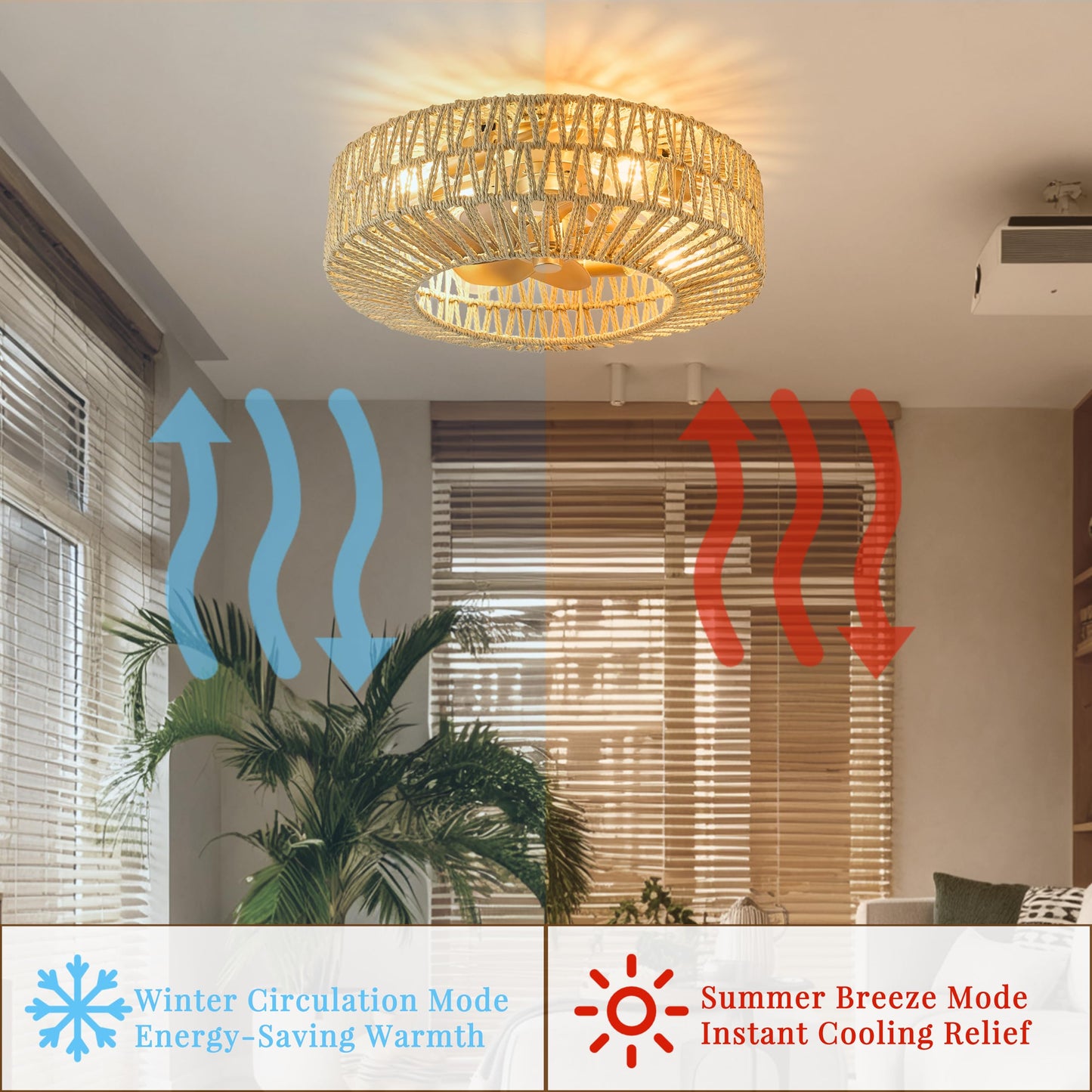 Bewishing 20" Rattan Fandelier Ceiling Fan with Light, Boho Flush Mount
