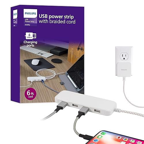 Philips 24W USB Extension Cord Power Strip Charging Station, for IPhone 11/Pro/Max/XS/XR/X/8, iPad Pro, Samsung Galaxy S10/S9/Plus, Google Pixel