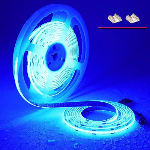 TOPAI 12V COB LED Strip Light Blue Waterproof IP65 16.4ft/5M 480LEDs/M Dotless High Density Self Adhesive Cuttable Flexibl LED Tape Light for Cabinet
