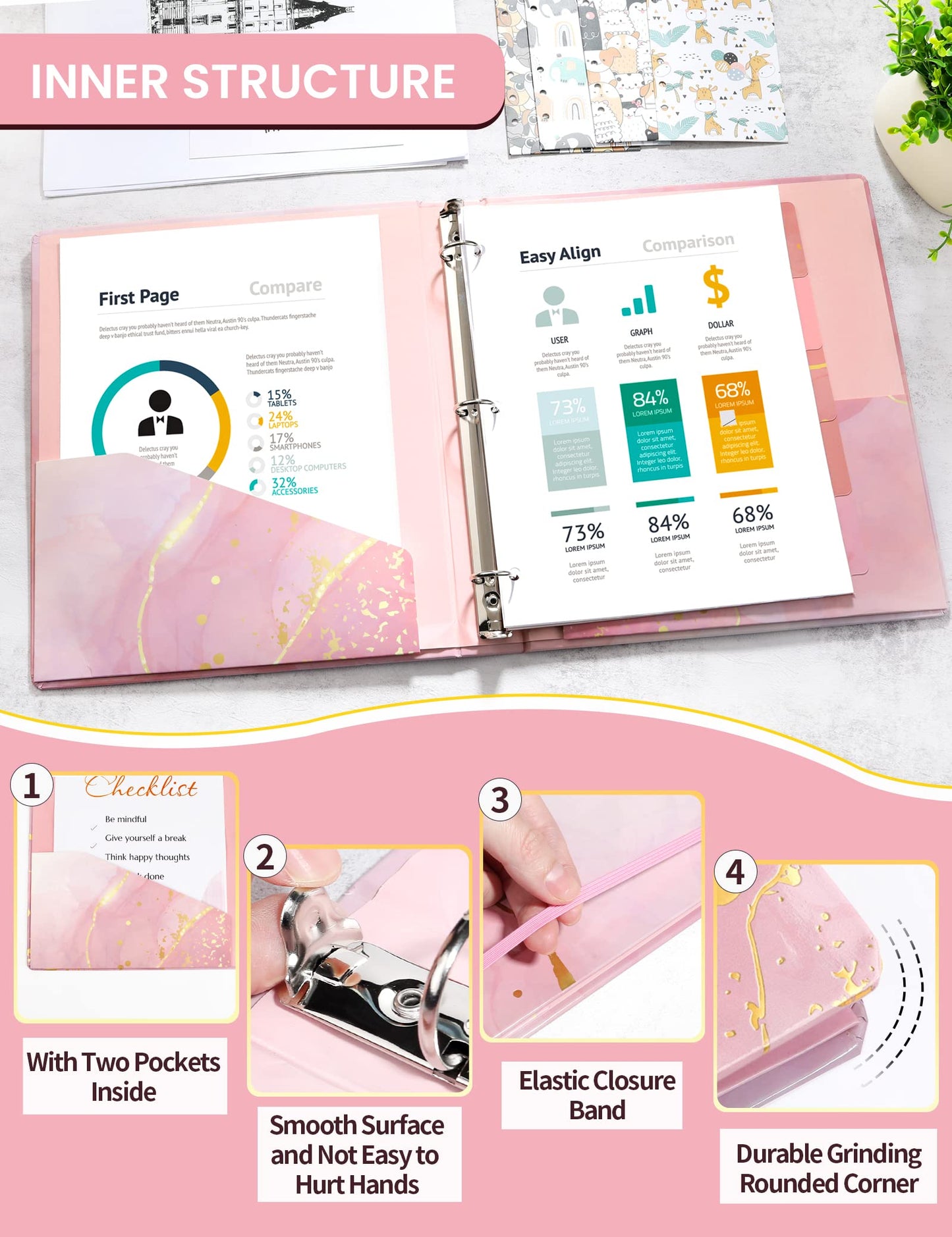 SUNEE 1 Inch Binder with Dividers, Pink Binder with Clipboard, Three Ring Binder Organizer, 5 Tabs, 18 Labels and 2 Pockets, Letter Size for School