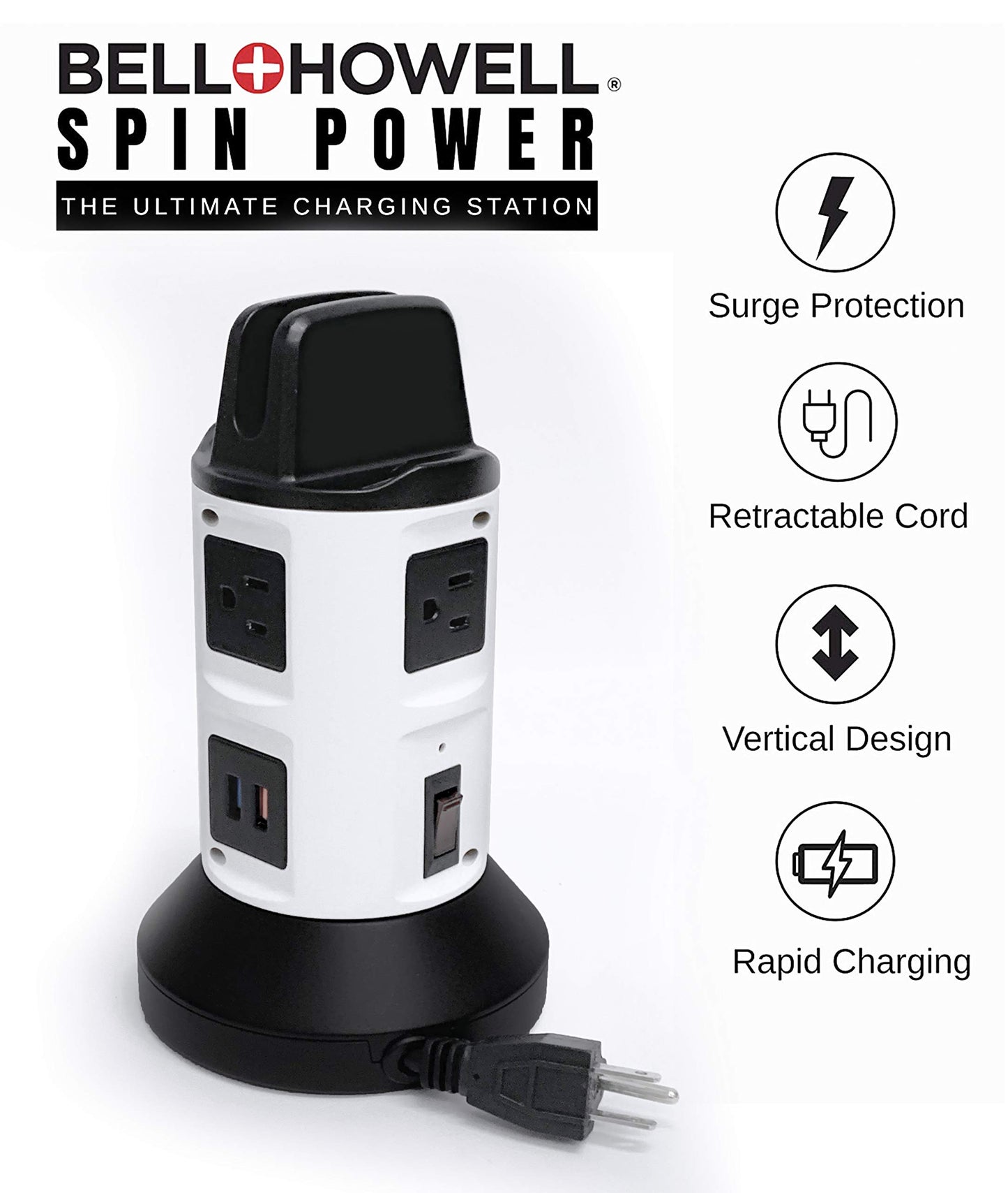 Bell+Howell Spin Power Strip Tower Surge Protector S/4-4 Outlets, 6 USB Ports, 40" Retractable Cord, 360° Rotation | Electric Charging Station