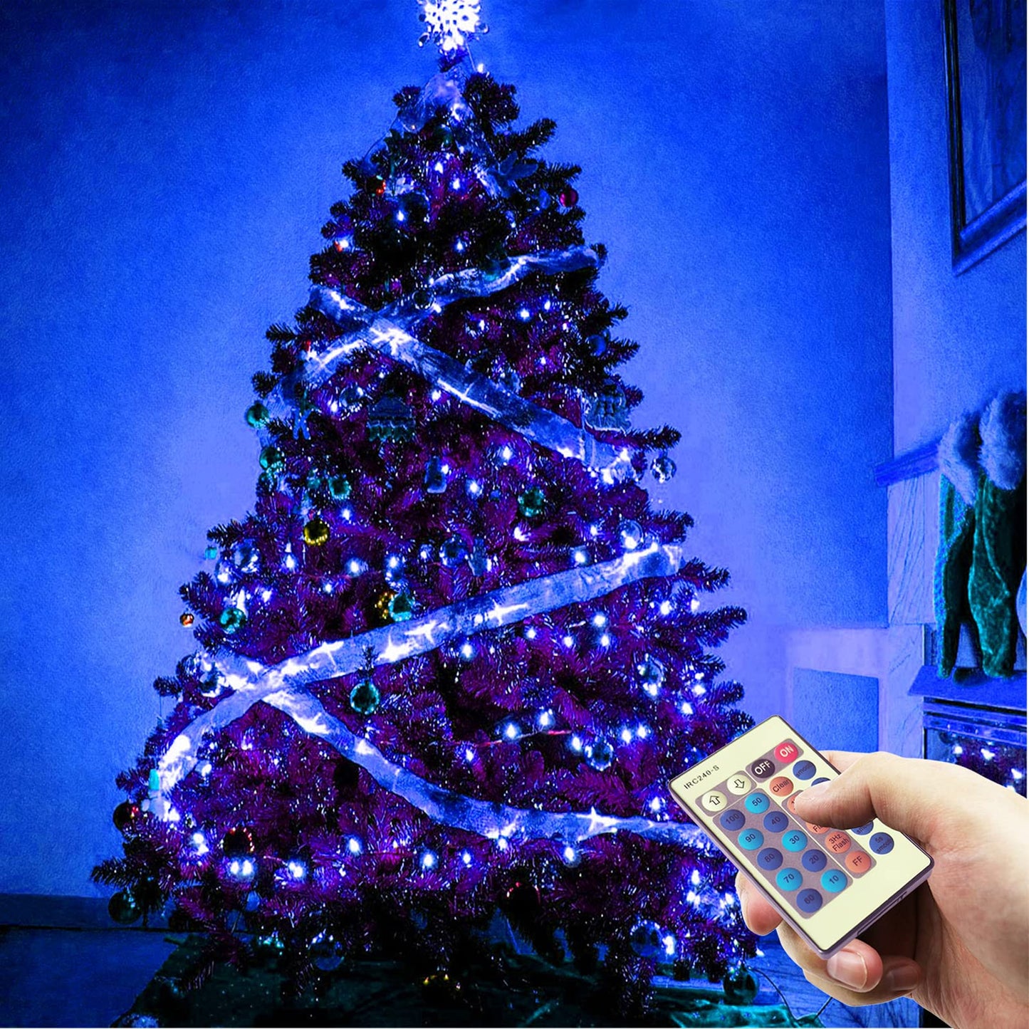 RUICHEN Dimmable Copper Wire 33 Ft 100 LED Fairy String Lights Plug in with Remote, Blue