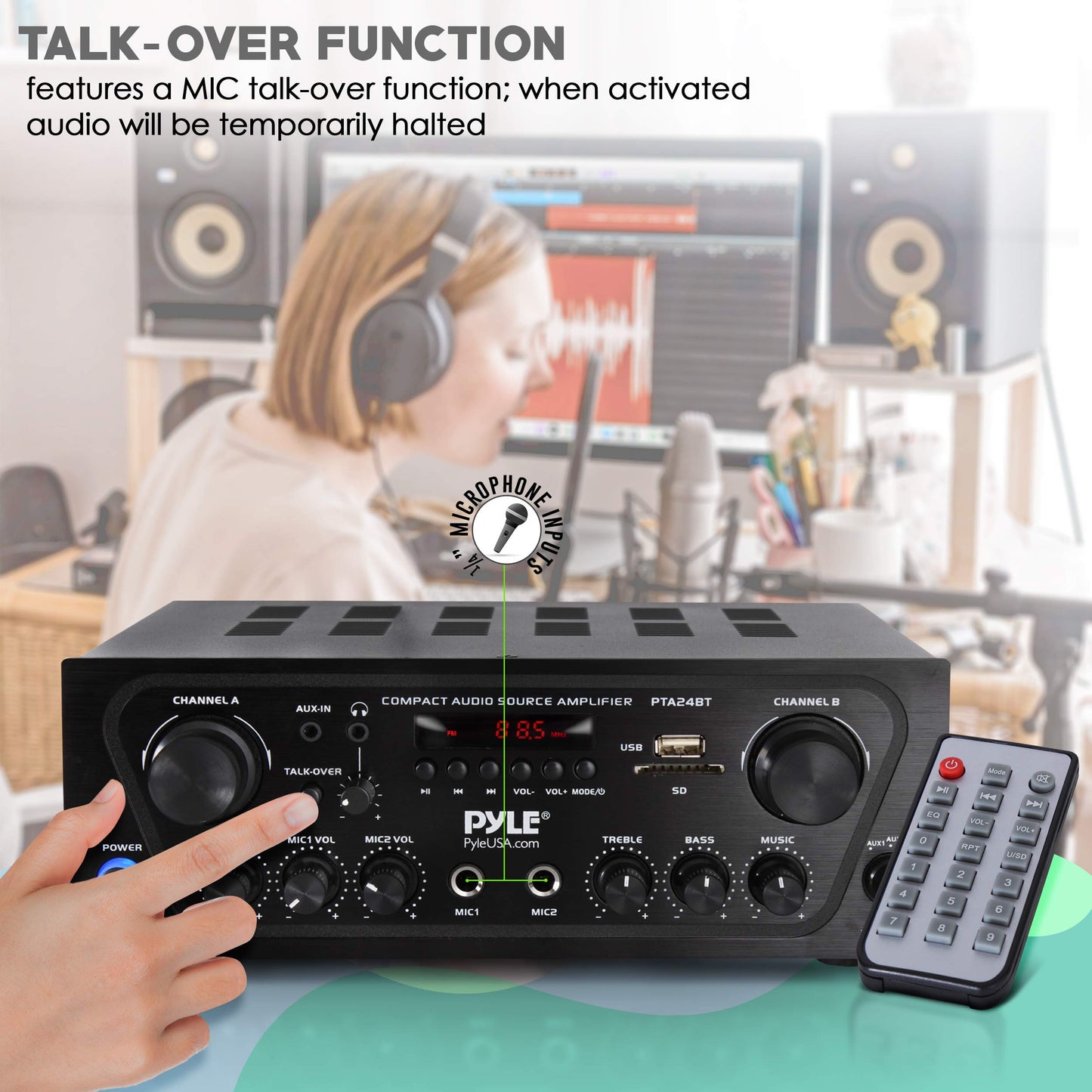 Pyle 2-Channel Bluetooth Home Stereo Amplifier - 250W Wireless Audio Receiver, Karaoke Optimized: Dual Mic In with Echo, Mic Talk-Over, FM Radio
