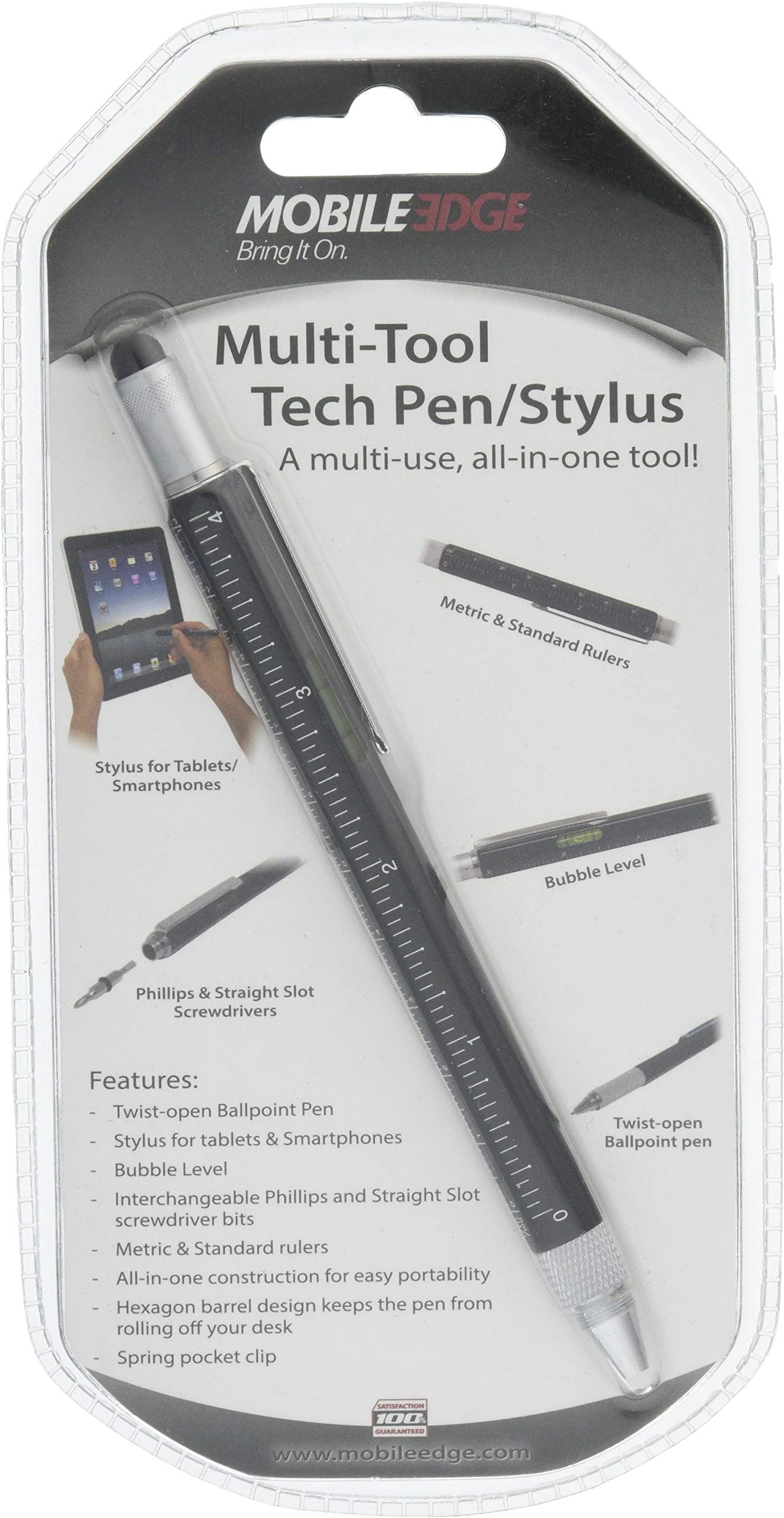 Mobile Edge Multi-Tool Stylus Pen for Touch Screen Tablet and Phone, Twist Open Tech Pen Combo with Screwdrivers, Ruler and Level, Black, MEASPM1