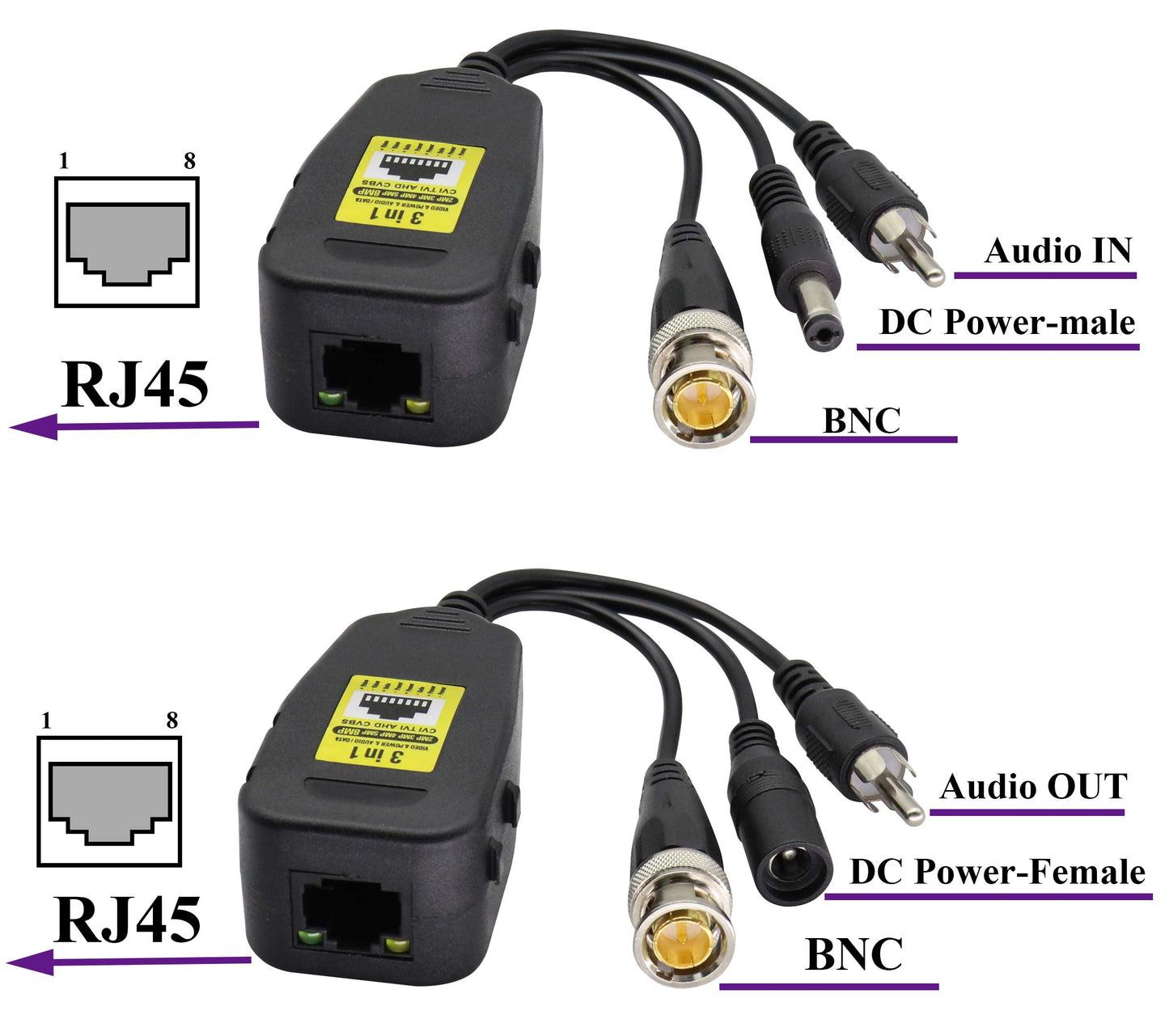 AAOTOKK BNC to RJ45 Transmitter Transceiver DC Power Passive Audio Video Balun HD-CVI/TVI/AHD/CVBS with DC Jack for 720P-1080P 3MP 4MP 5MP 8MP CCTV