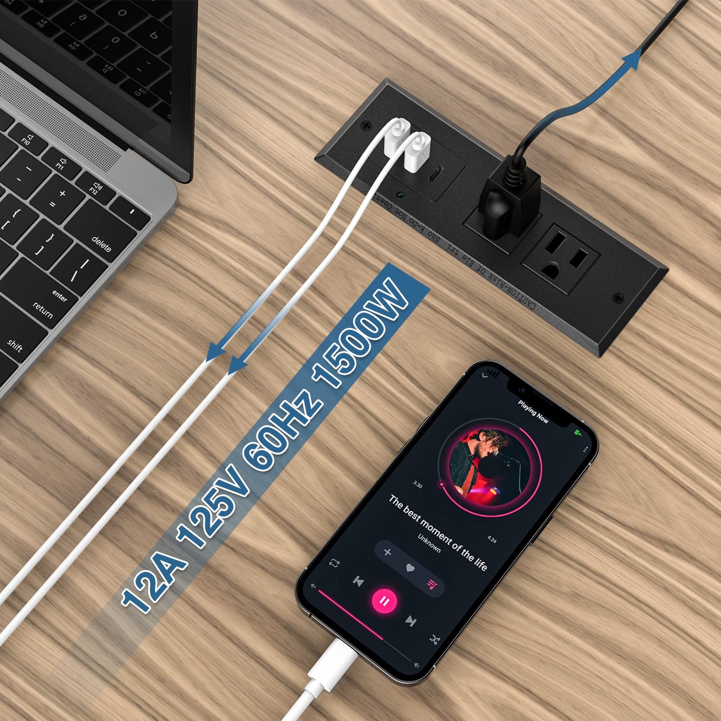 Type-C Conference Recessed Power Strip Socket,20W PD Fast Charging USB-C Power Strip,with 2 Outlets & 2 USB-A Ports &1 USB-C Port, 6.5ft Extension