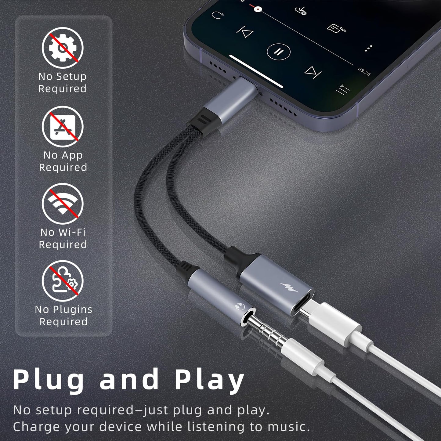 MOYAGOA USB C to 3.5mm Headphone Jack and Charger Adapter, 2-in-1 Audio & Fast Charging Splitter for iPhone Supports Hi-Res Lossless Sound