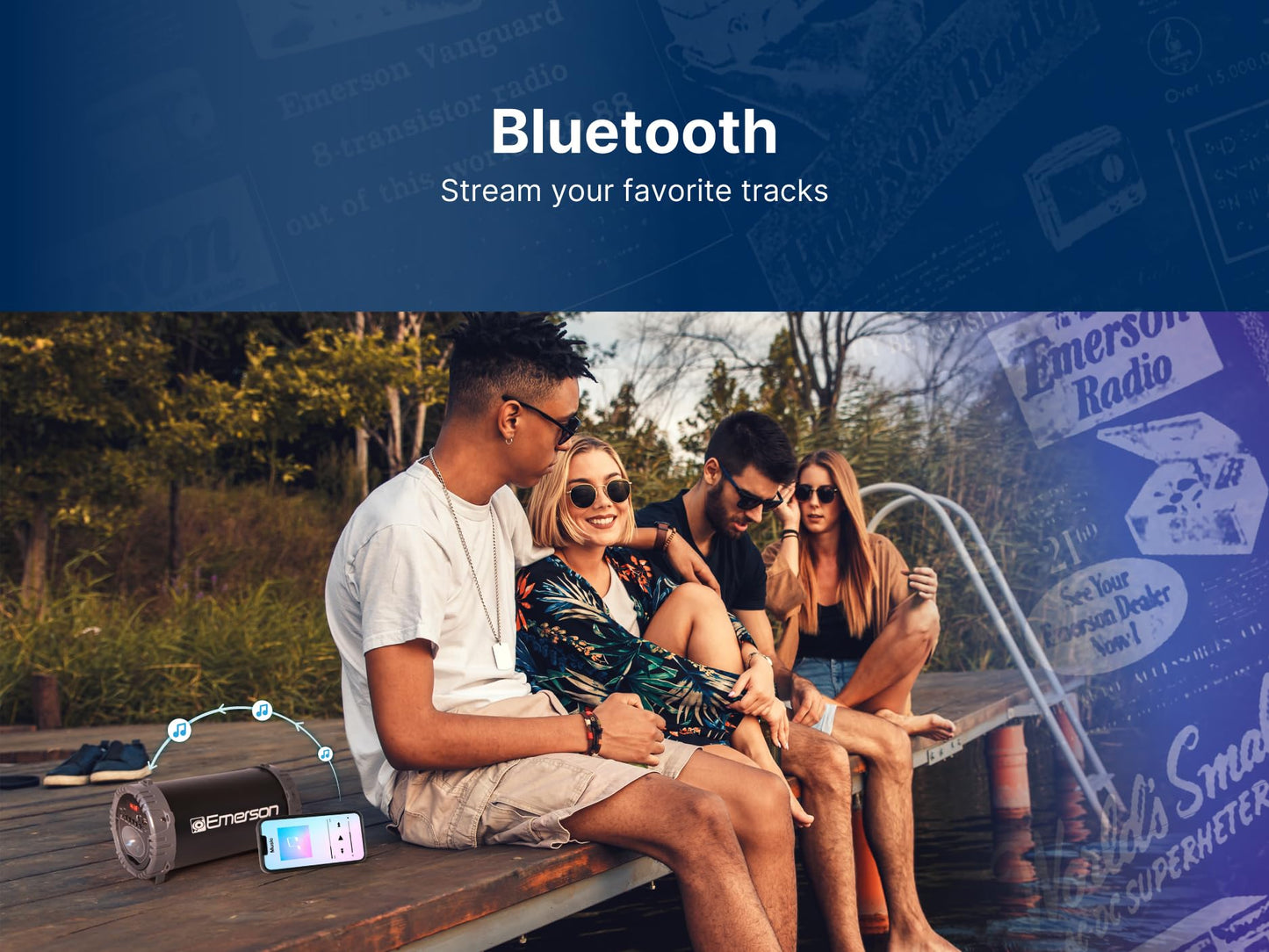 Emerson EAS-3001 Portable Bluetooth Speaker with Carrying Strap, Multicolor LED Lighting, Built-in Rechargeable Battery, AUX Input, USB Charging,