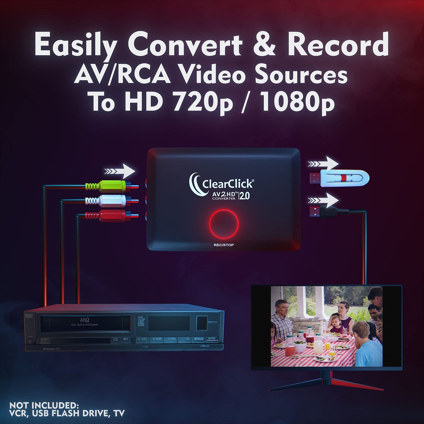ClearClick AV to HD Converter & Recorder 2.0 (Second Generation) - AV RCA to HDMI Adapter to Convert & Record Video - for VCR, VHS, DVD, Camcorder