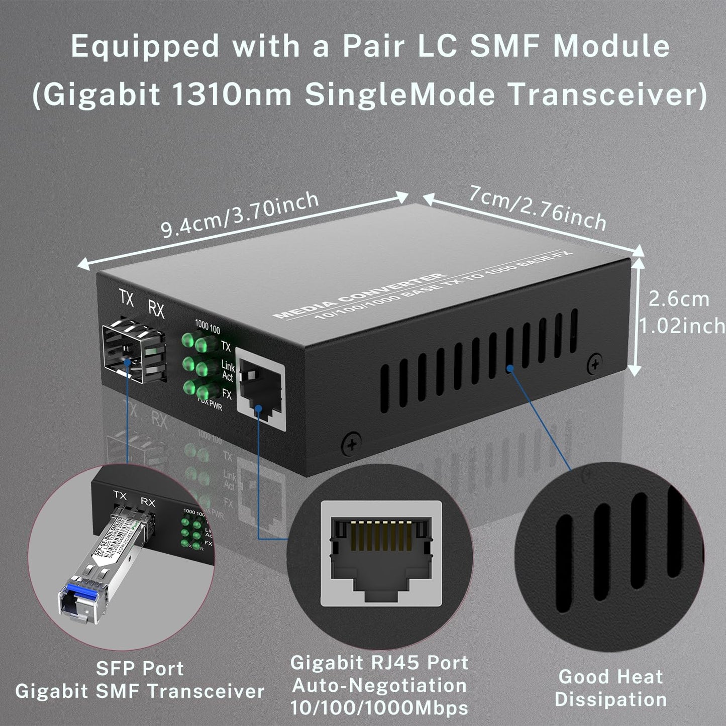 FTTPVIPS A Pair of 1.25G/s Bidi Gigabit Single-Mode Fiber Ethernet Media Converter with 2PCS Bidi SFP LC Transceiver Module Included