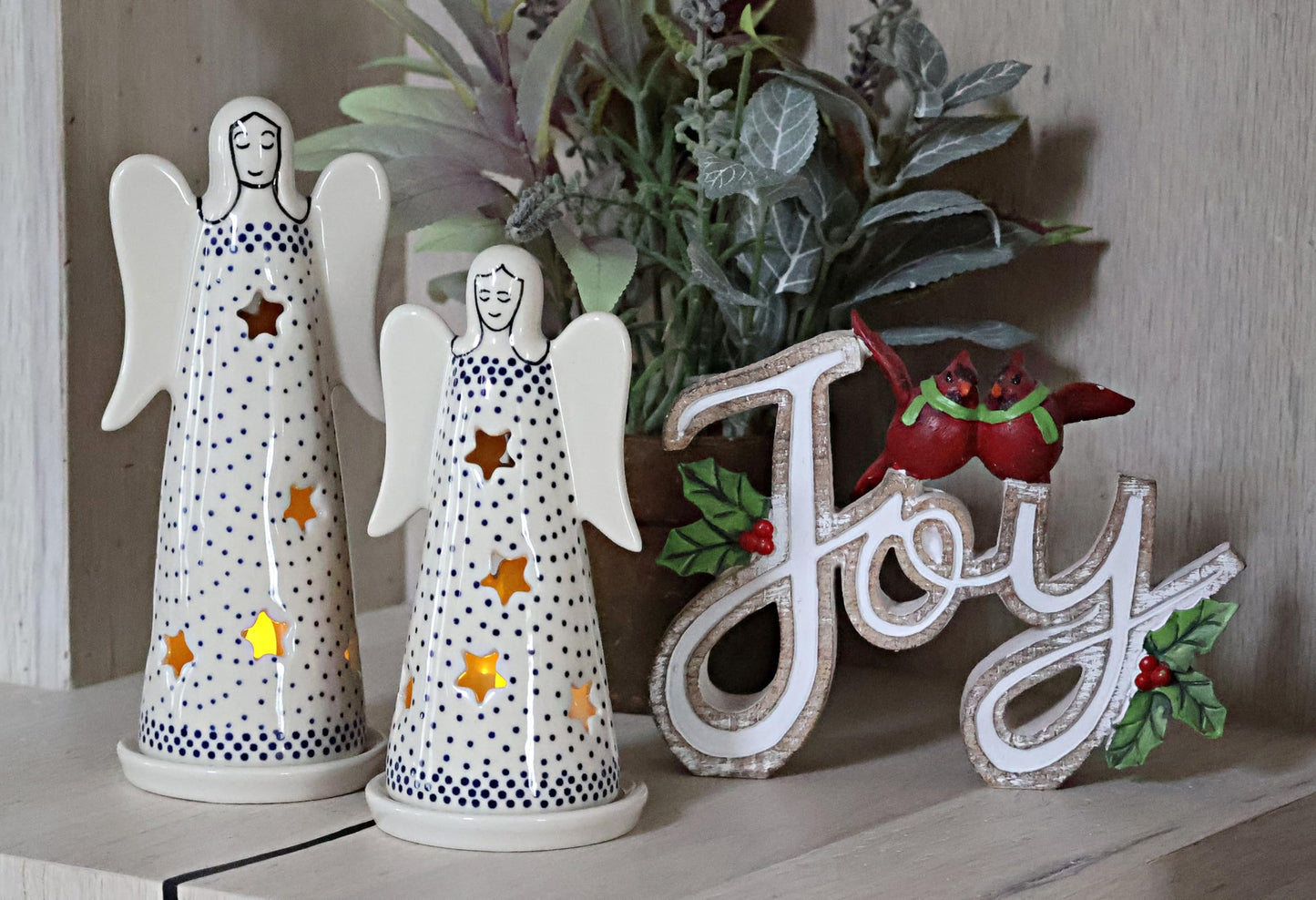 Blue Rose Polish Pottery - Blue Small Dots Small Angel Luminary - 6.25" Tall - Hand-Painted Polish Pottery Holiday Candle Holder, Unique Christmas