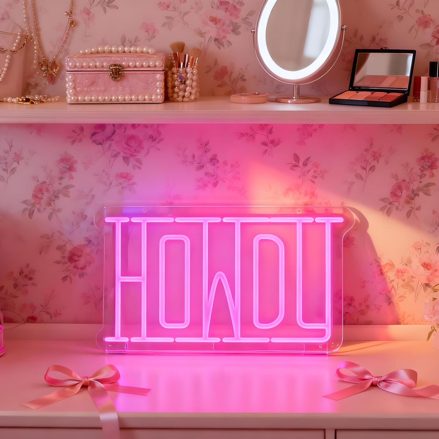 Neonawall Pink Lights Howdy Neon Sign,Pink Home Decorations, Led Lights for Wall Decor,Light Letters for Party,Girls Bedroom Wall Decor 16.7 x 9.8