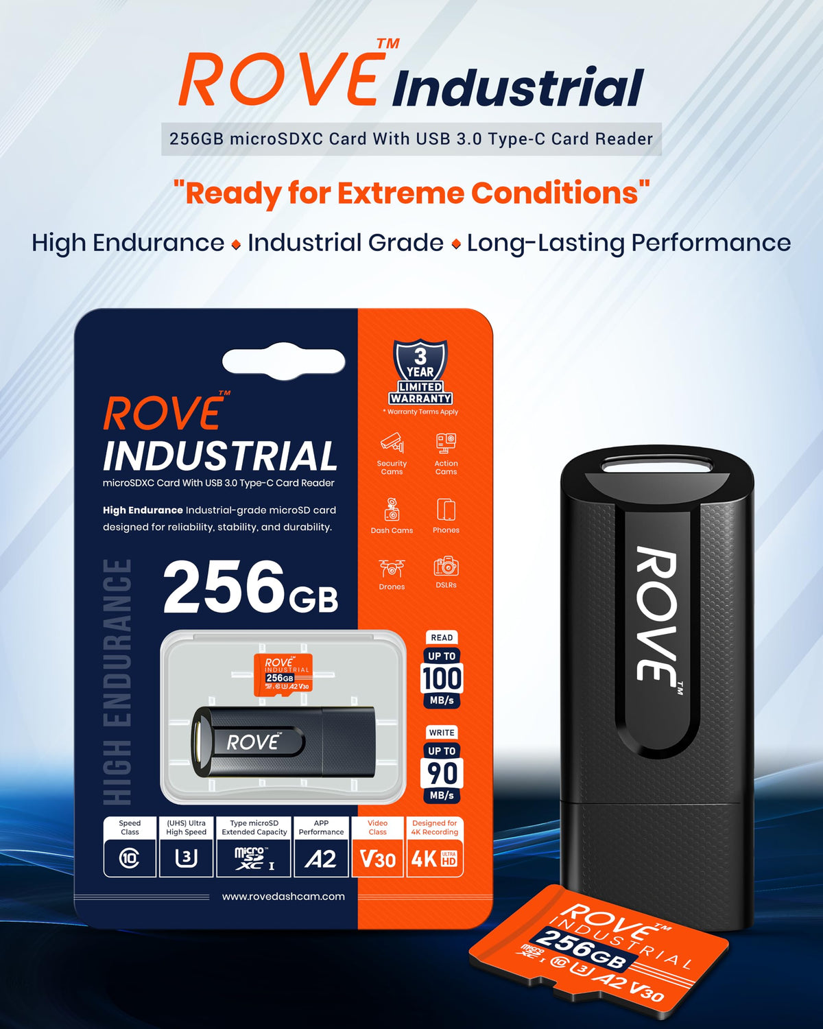 ROVE Industrial 256GB Micro SD Card with USB 3.0 Type C Card Reader, High Endurance microSDXC Memory Card 100MB/s Read Speed, C10, U3, V30, 4K, A2