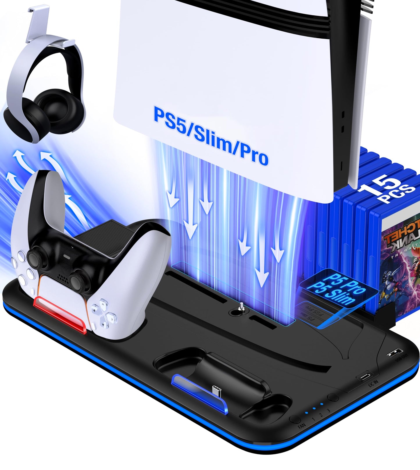 EUROA PS5/Slim/Pro Stand and Cooling Station with Controller Charging Station for PlayStation 5 Slim/Pro Console, PS5 Controller Charger, Cooling