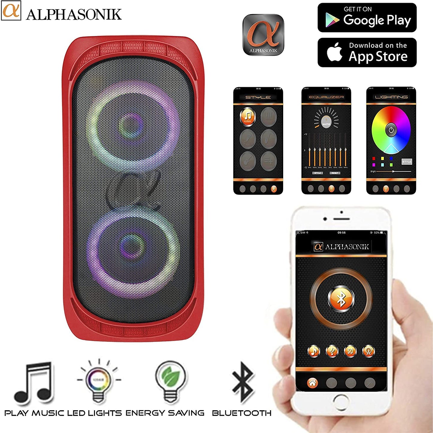 Alphasonik Reaktor One Portable Party Speaker Box High Power Alpha Bass Technology Wireless Bluetooth Mic and Guitar Inputs Phone Charger USB Player